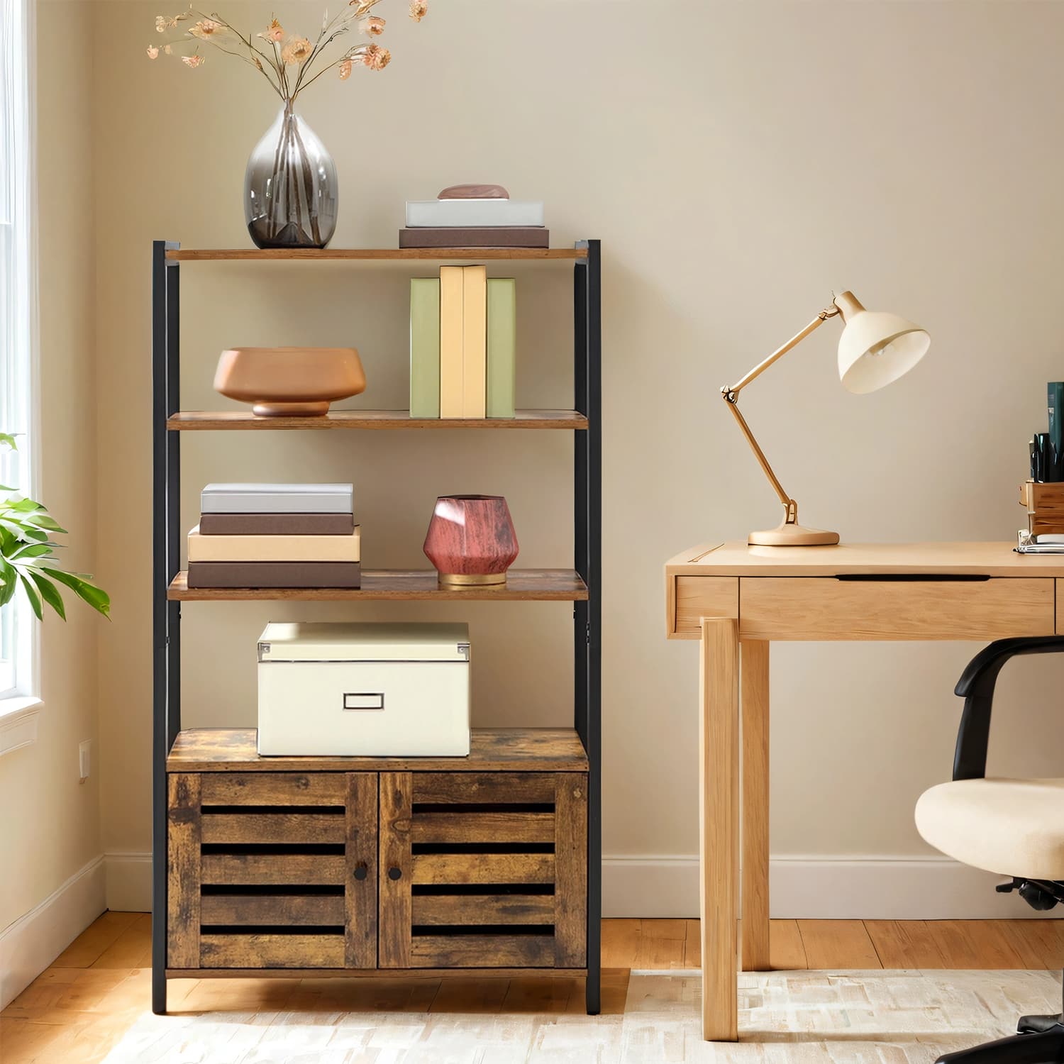Bookcase - Wood - Rustic Brown - Floor Standing with 3 Shelves and 2 Shutter Doors