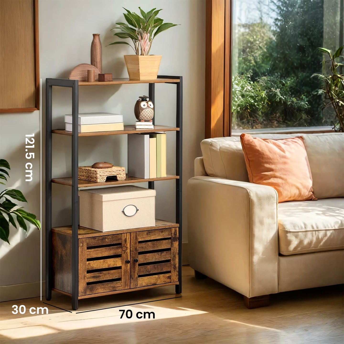 Bookcase - Wood - Rustic Brown - Floor Standing with 3 Shelves and 2 Shutter Doors