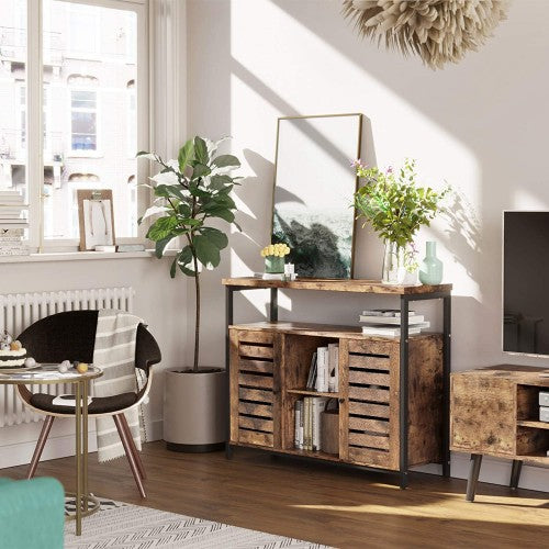 Floor Standing Cabinet - Wood - Rustic Brown - Multi-Functional Storage with Louvred Doors