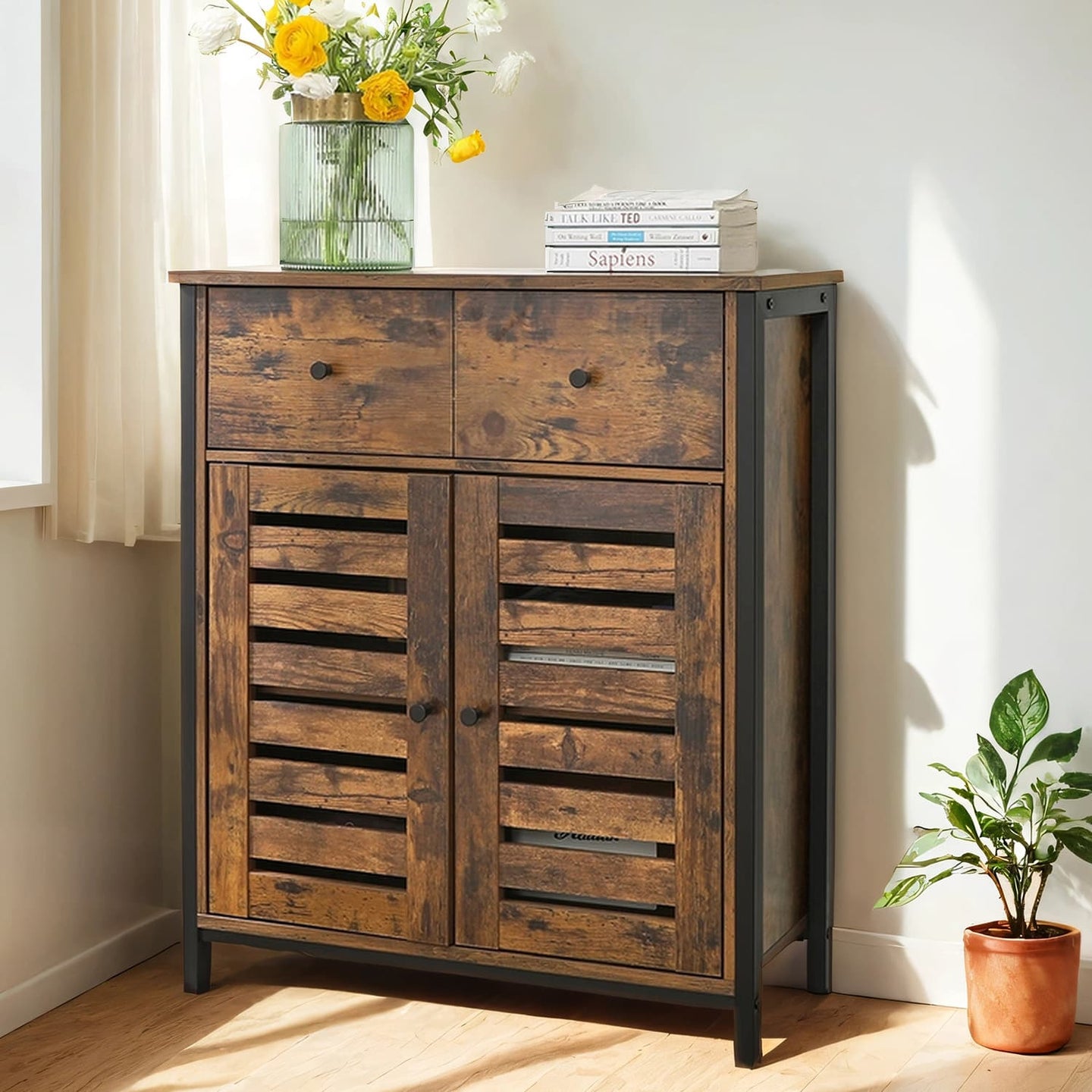 Storage Cabinet - Wood - Rustic Brown - Louvered Doors and Drawer