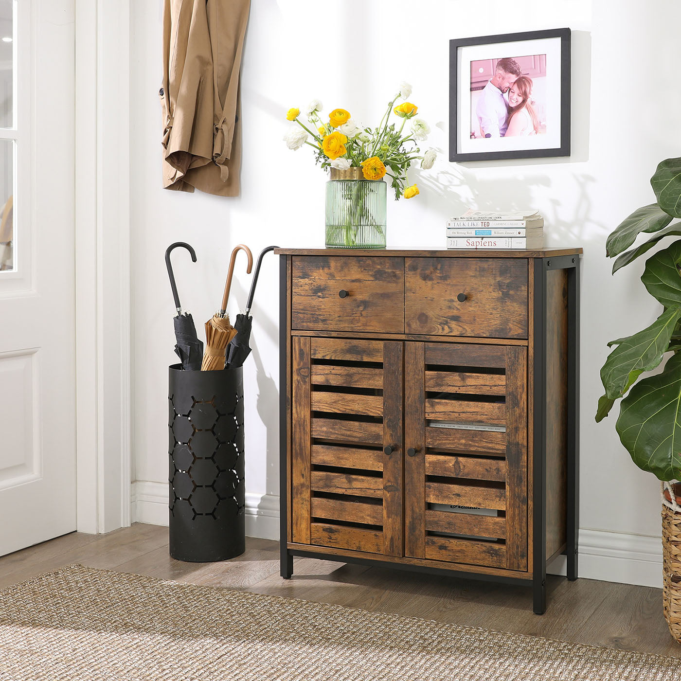 1 Drawer Floor Cabinet - Particleboard and Steel - Rustic Brown