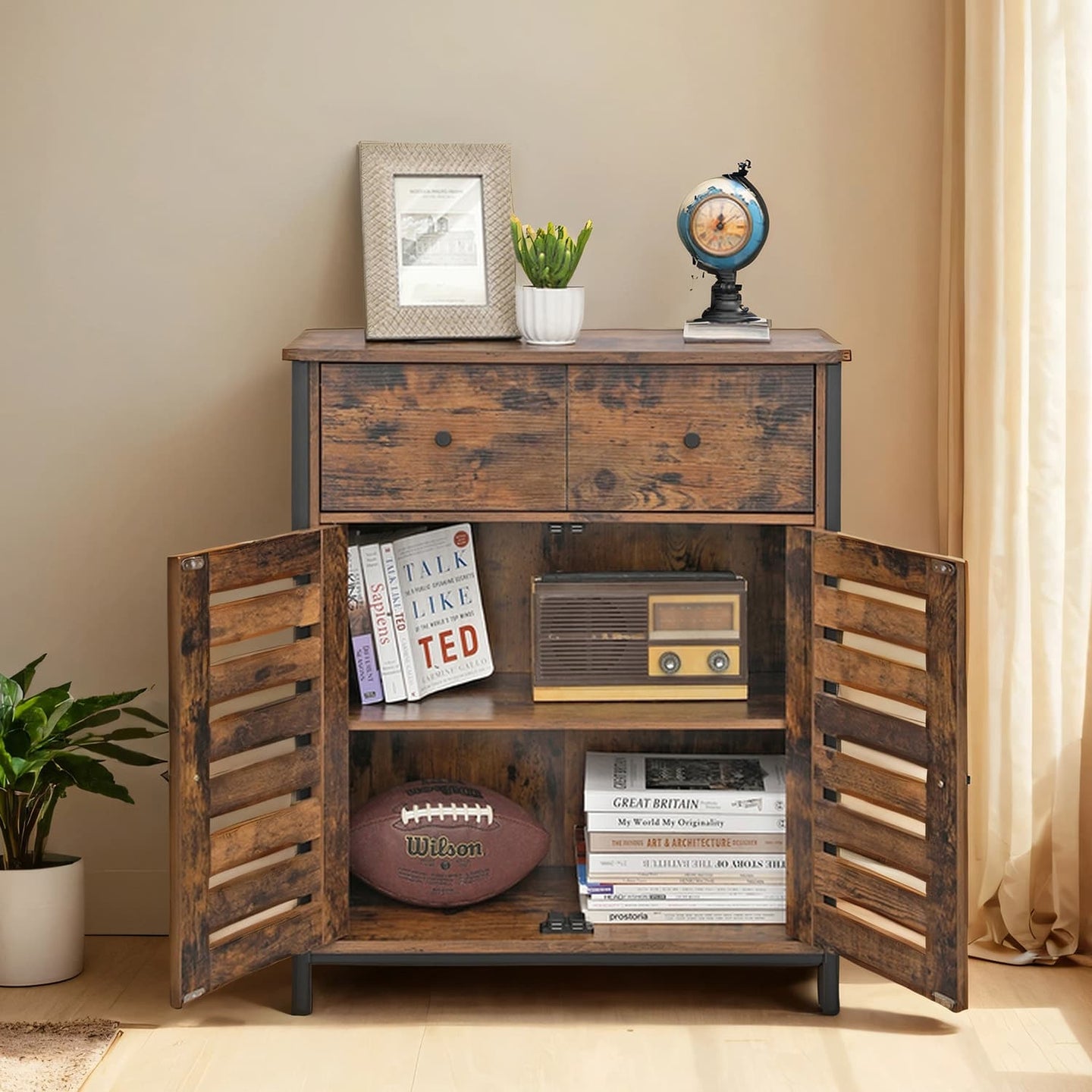 Storage Cabinet - Wood - Rustic Brown - Louvered Doors and Drawer