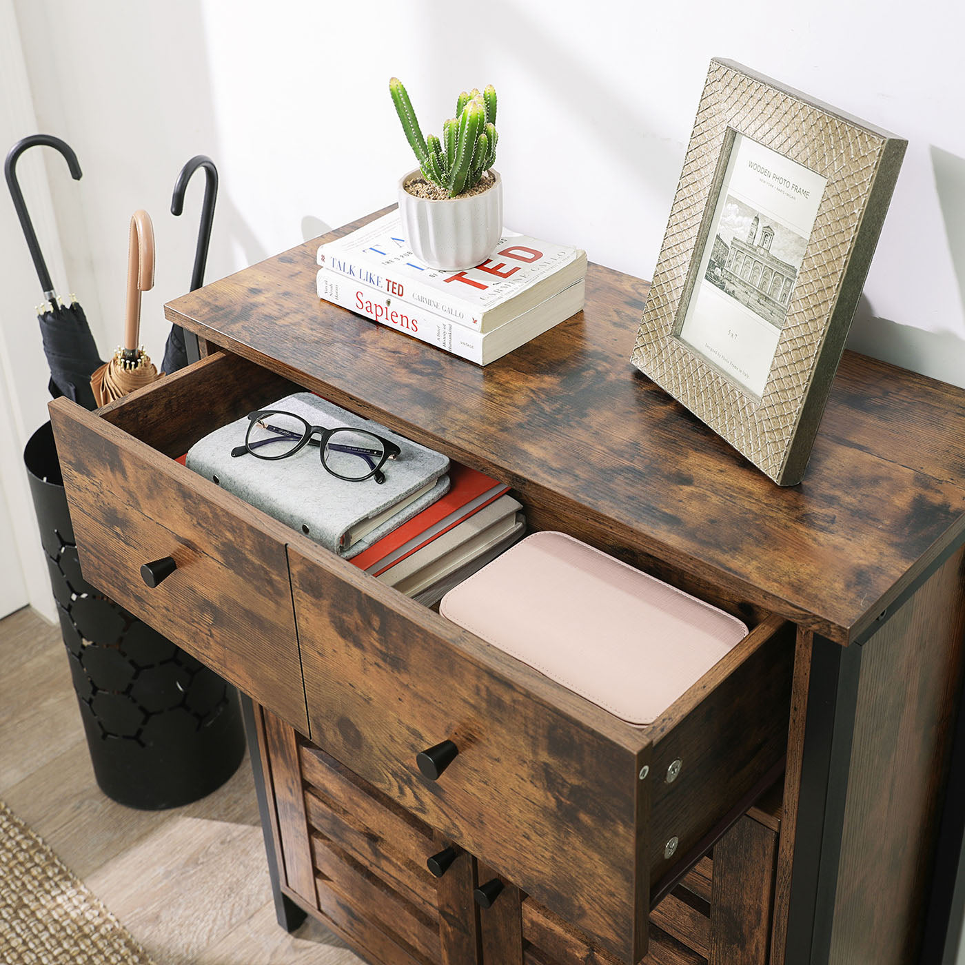 Floor Cabinet - Wood - Rustic Brown - Freestanding with 1 Drawer and Louvered Doors