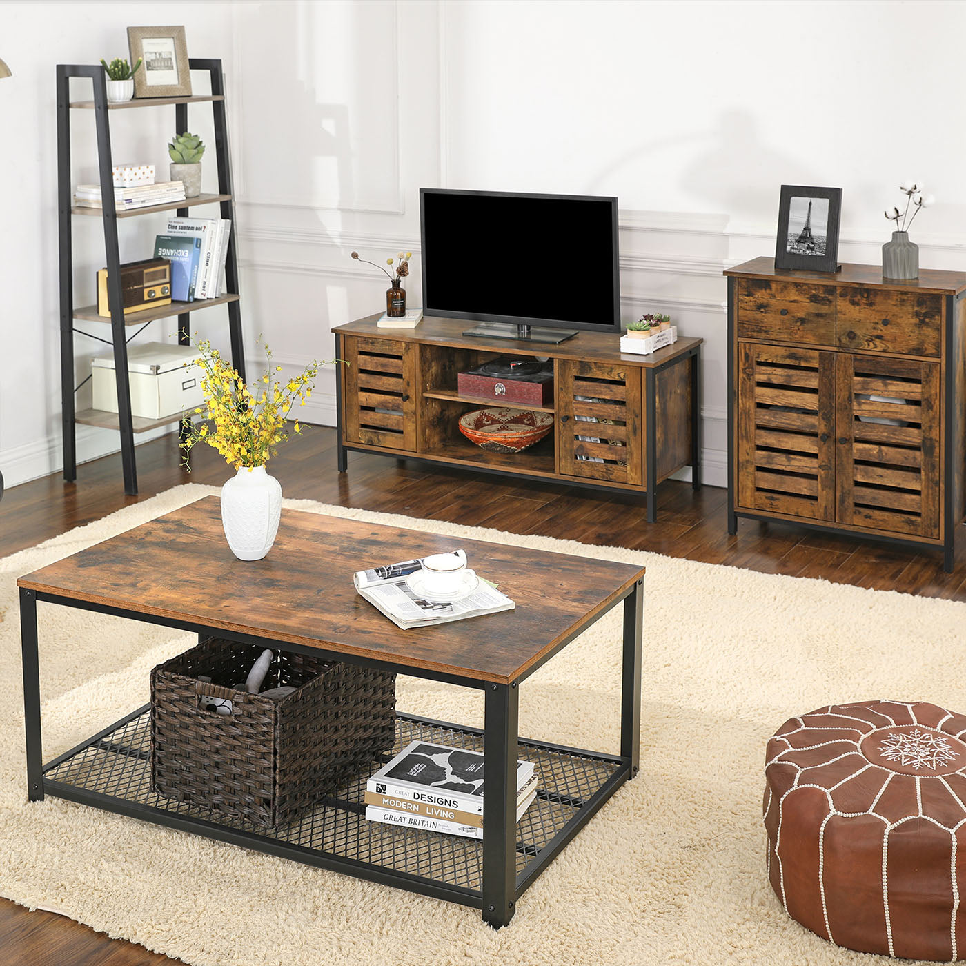 1 Drawer Floor Cabinet - Particleboard and Steel - Rustic Brown