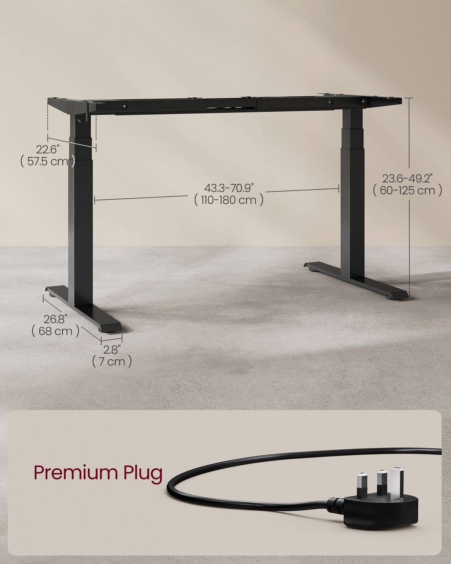 Electric Standing Desk Frame - Metal - Black - Height Adjustable with Double Motor and Memory Function