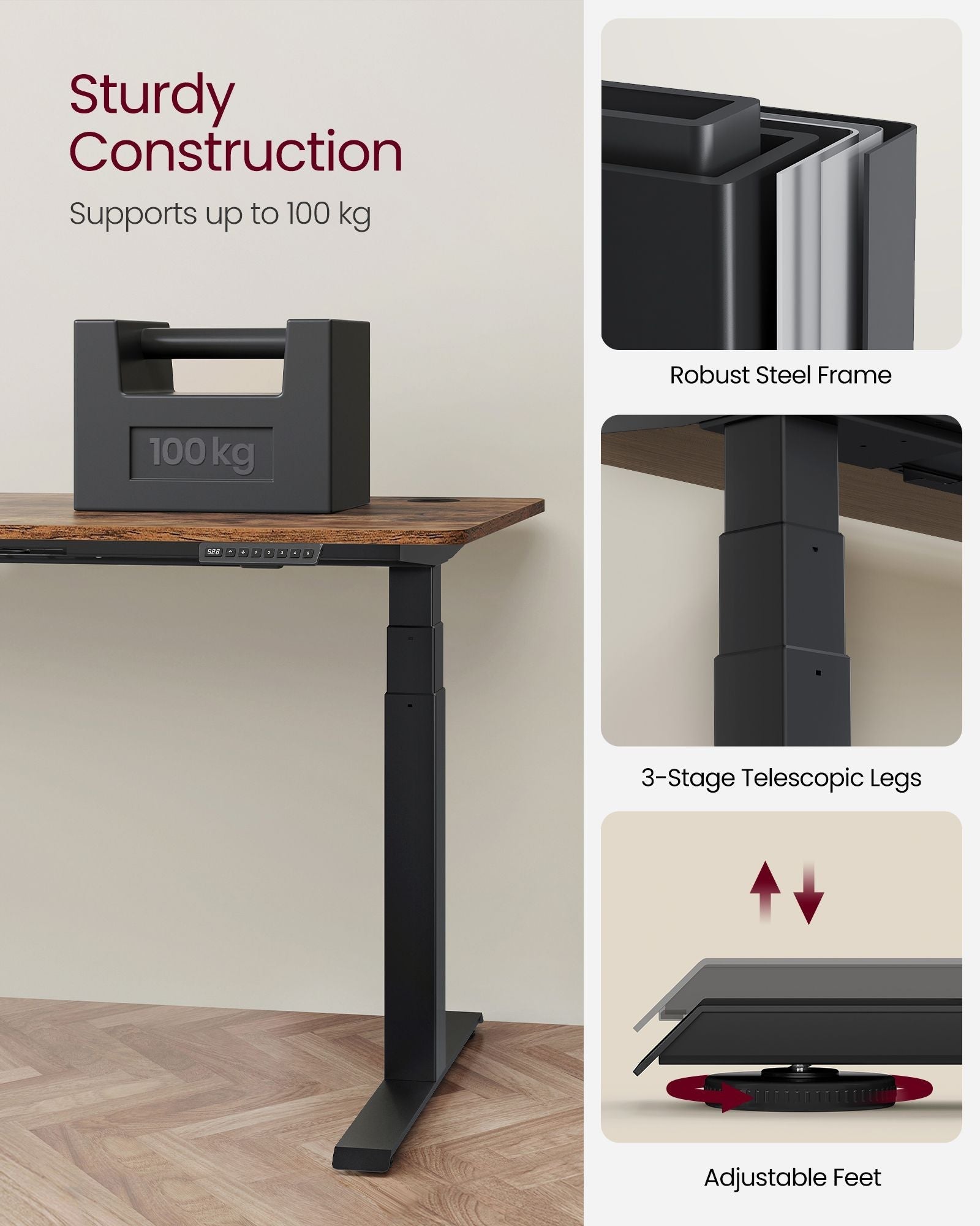 Electric Standing Desk Frame - Metal - Black - Height Adjustable with Double Motor and Memory Function