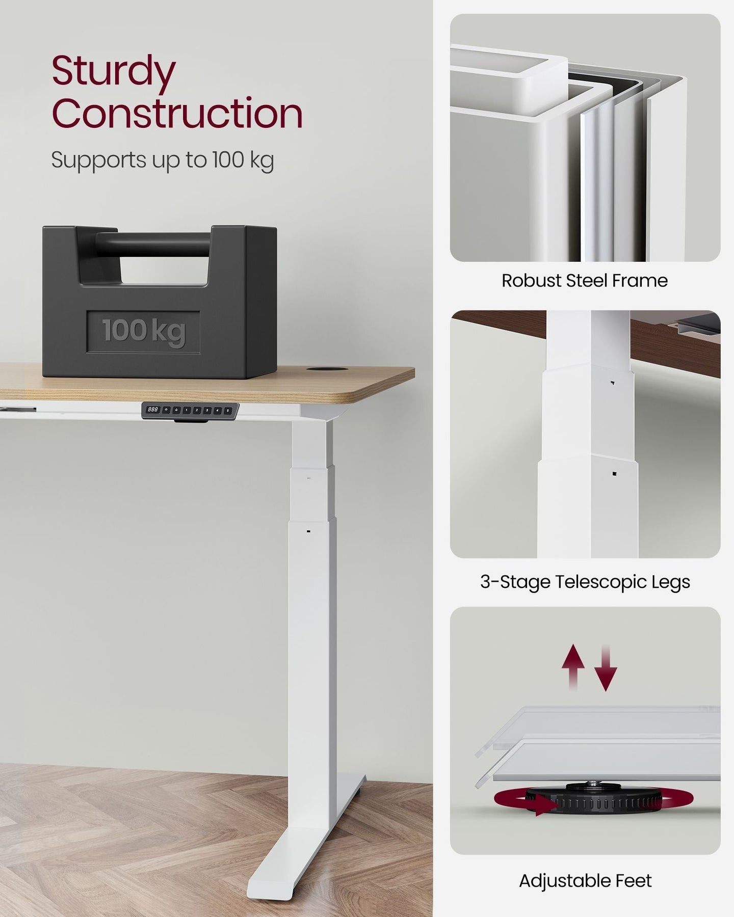 Electric Standing Desk Frame - Metal - Black - Height Adjustable with Double Motor and Memory Function