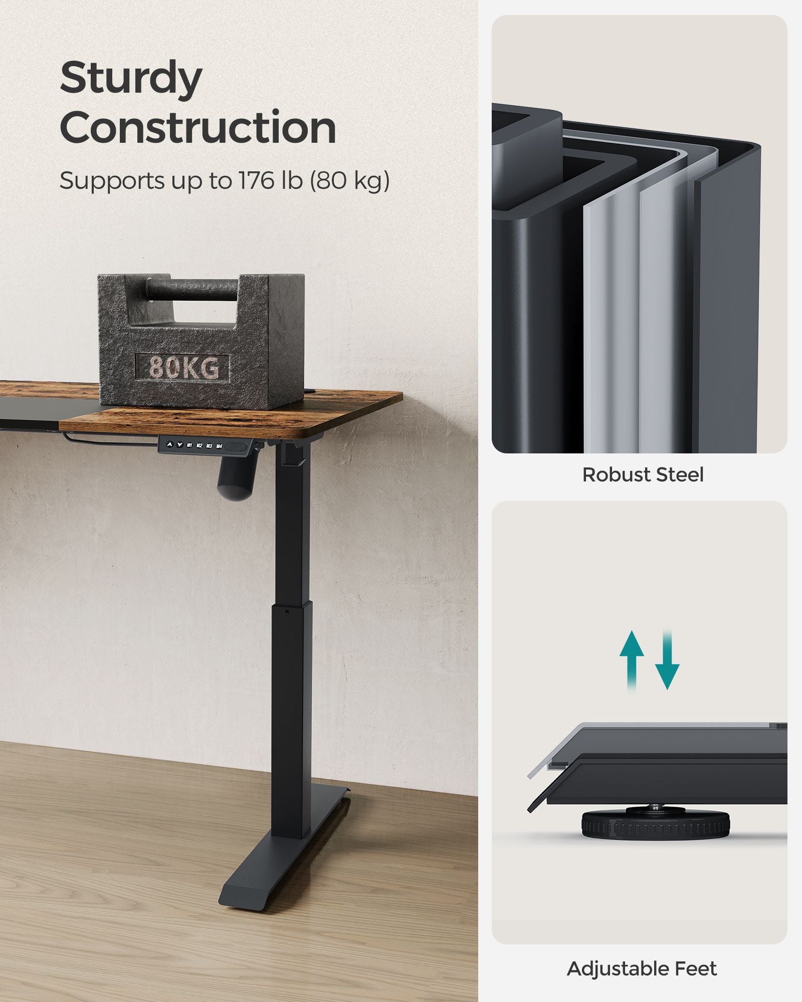 Height Adjustable Desk - Wood - Rustic Brown - Four Memorable Heights