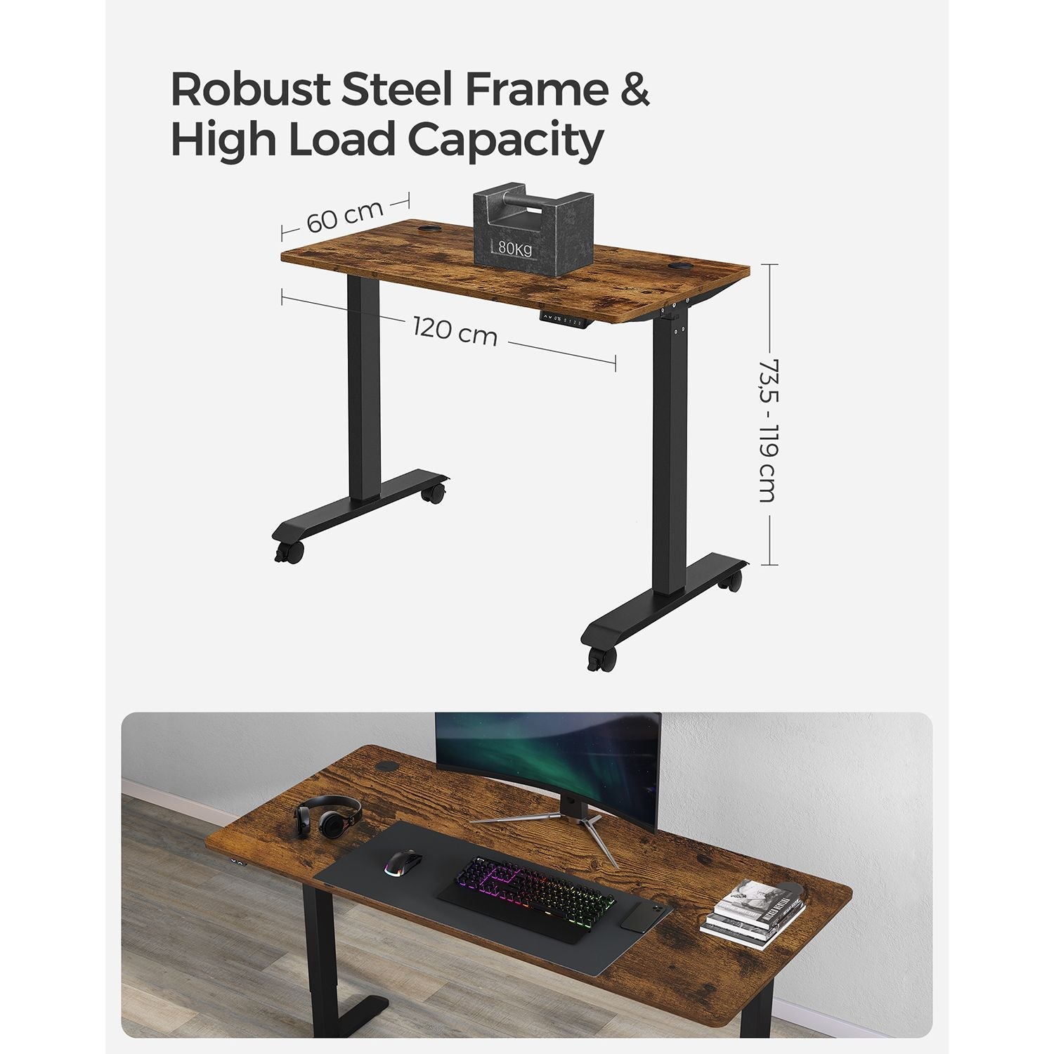 Height Adjustable Desk - Wood - Rustic Brown and Black - Electric with Memory Function
