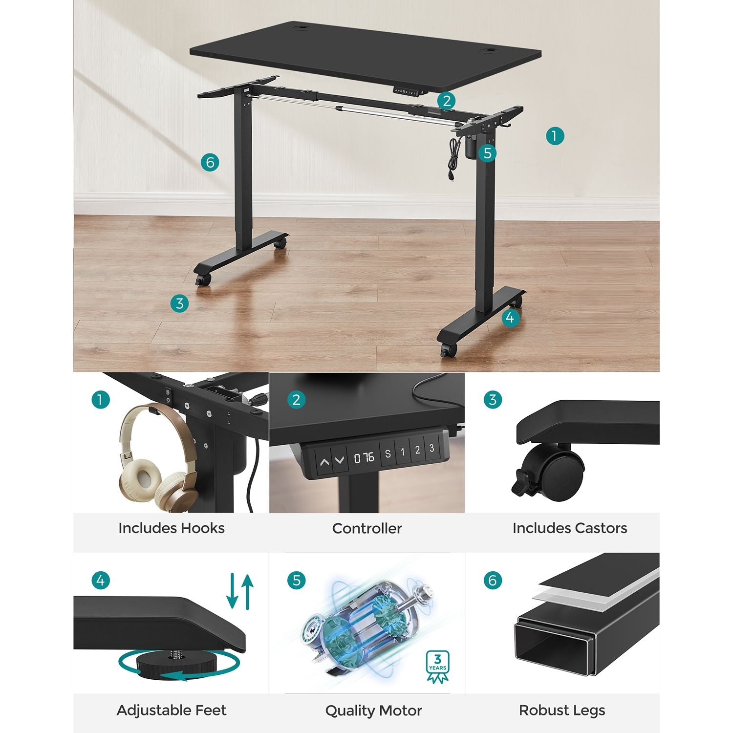 Height Adjustable Electric Standing Desk - Wood - Black - Memory Function with Continuous Height Adjustment