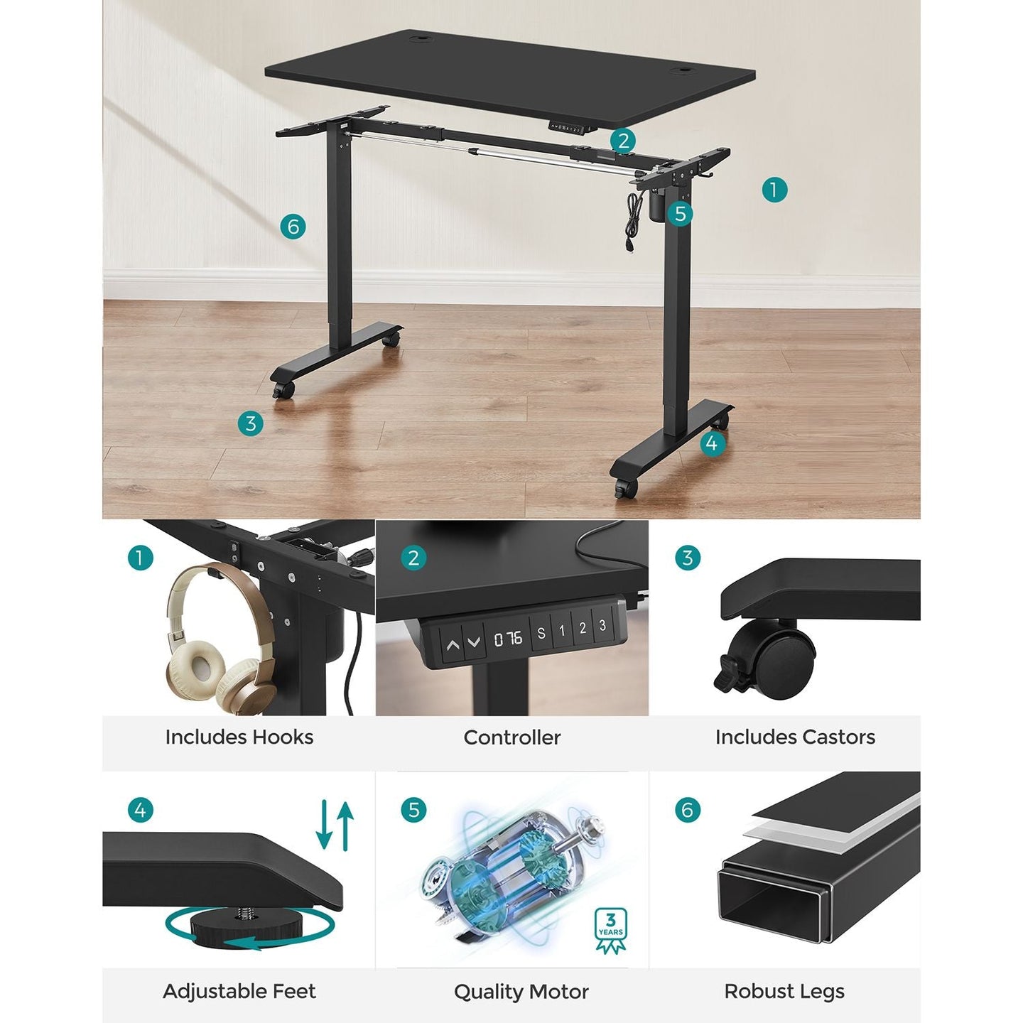Height Adjustable Electric Standing Desk - Wood - Black - Memory Function with Continuous Height Adjustment