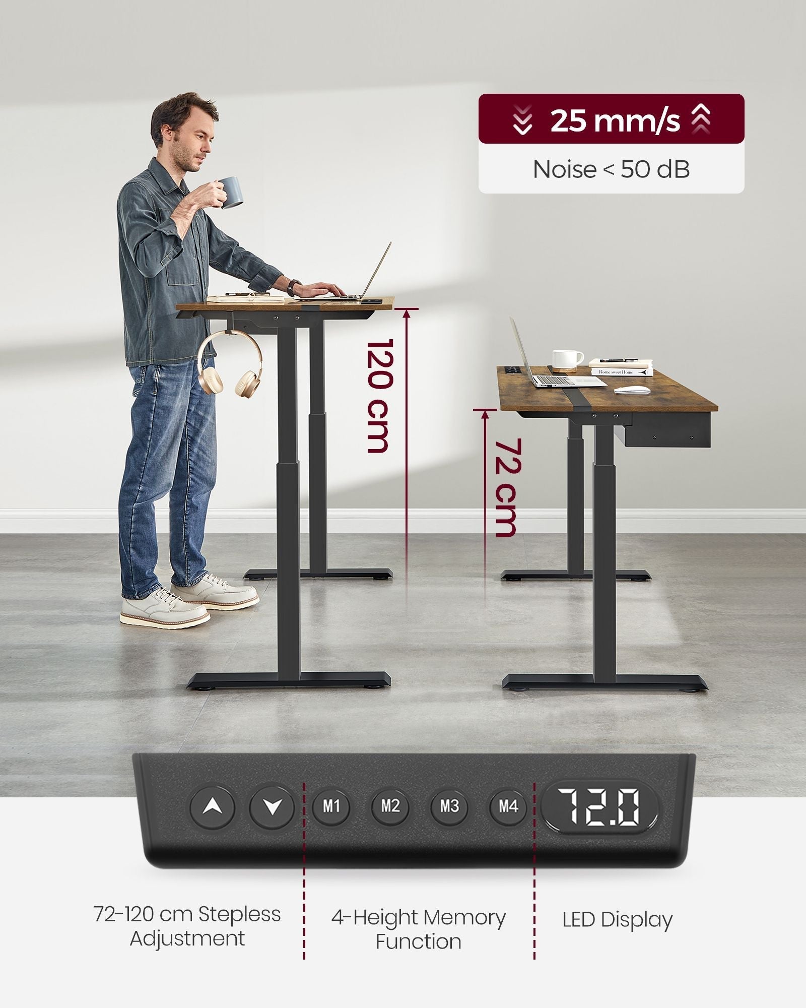Height Adjustable Electric Standing Desk - MDF - Rustic Brown and Black - Continuous Adjustment with Memory Function