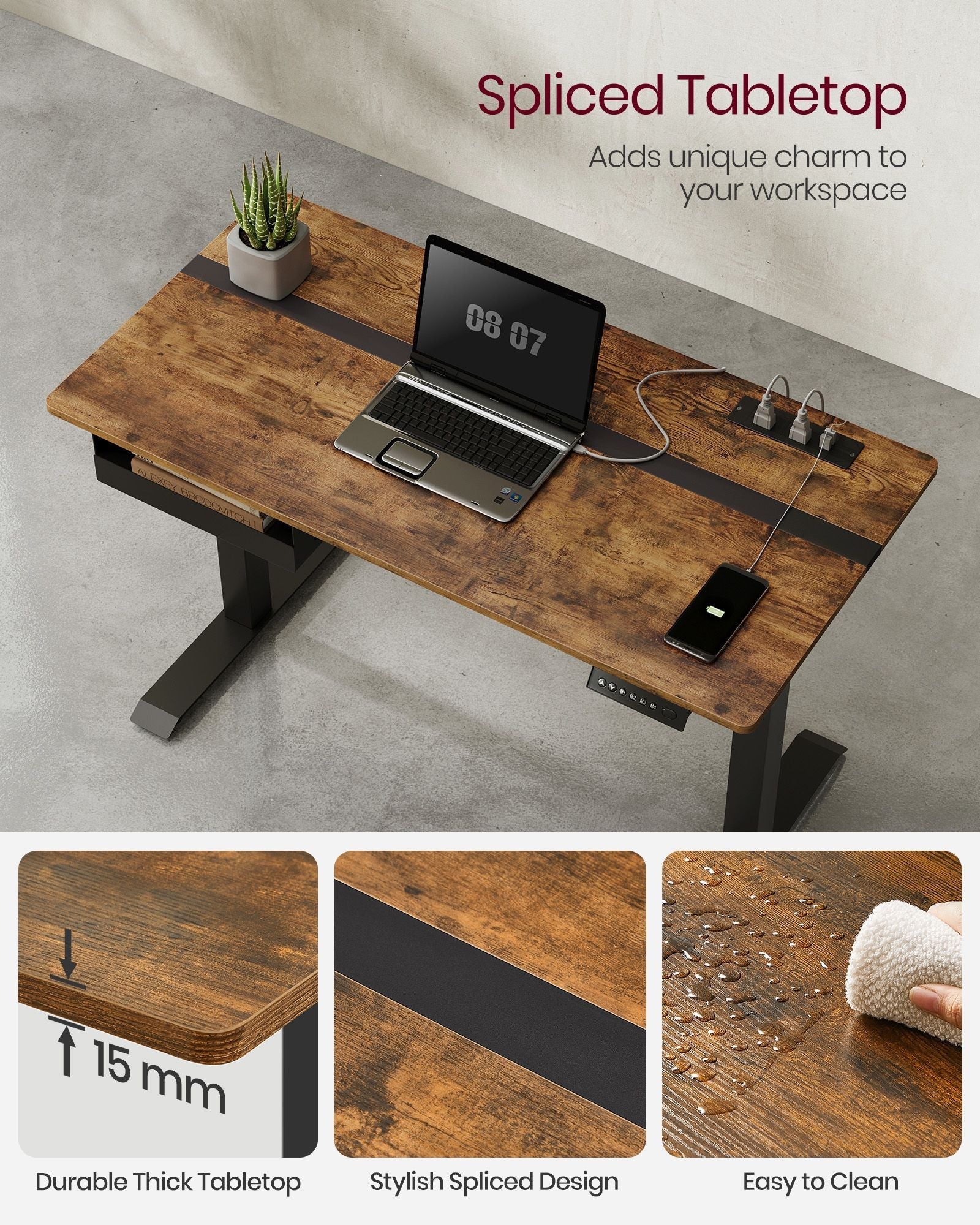 Height Adjustable Electric Standing Desk - MDF - Rustic Brown and Black - Continuous Adjustment with Memory Function