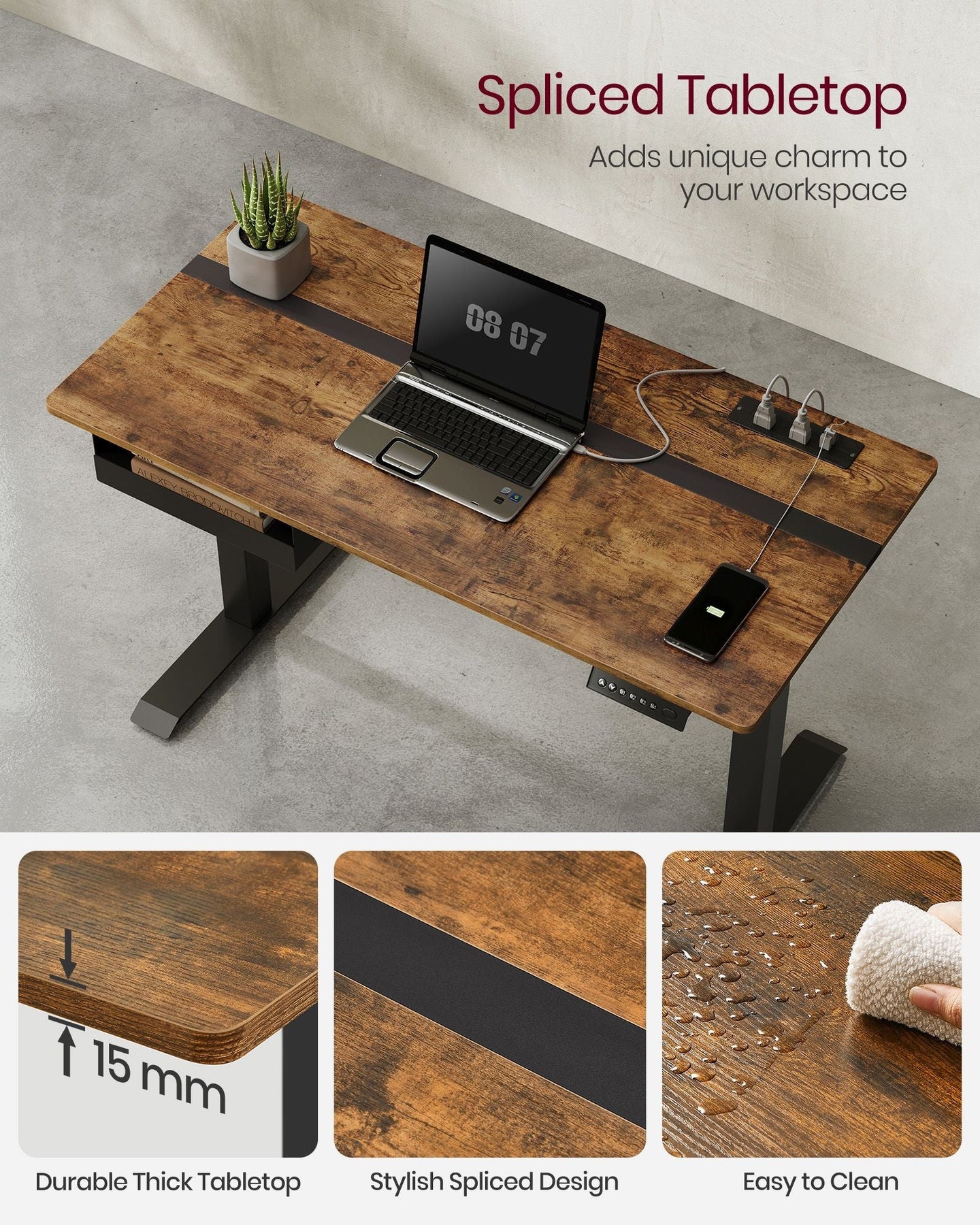Height Adjustable Electric Standing Desk - MDF - Rustic Brown and Black - Continuous Adjustment with Memory Function
