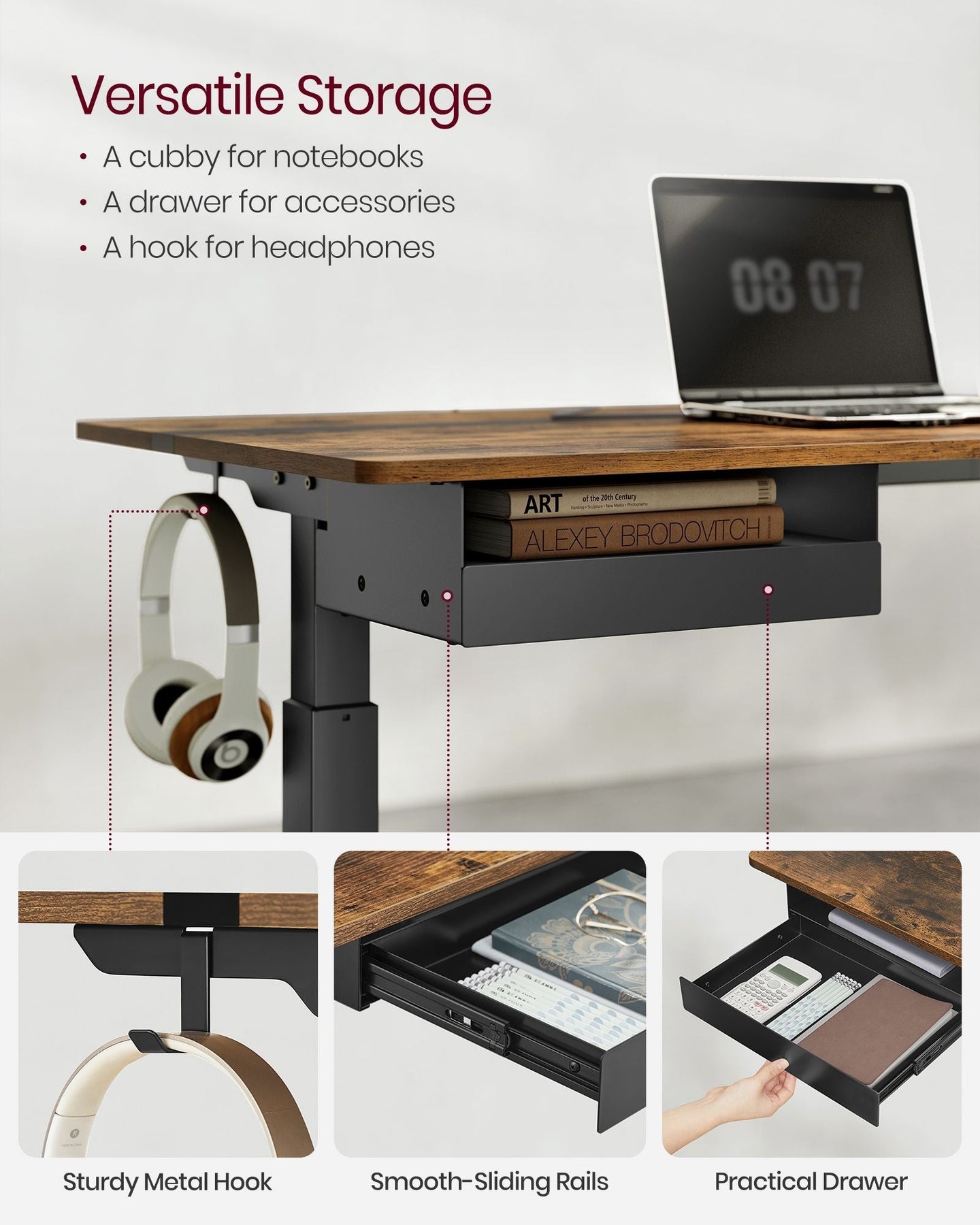 Height Adjustable Electric Standing Desk - MDF - Rustic Brown and Black - Continuous Adjustment with Memory Function