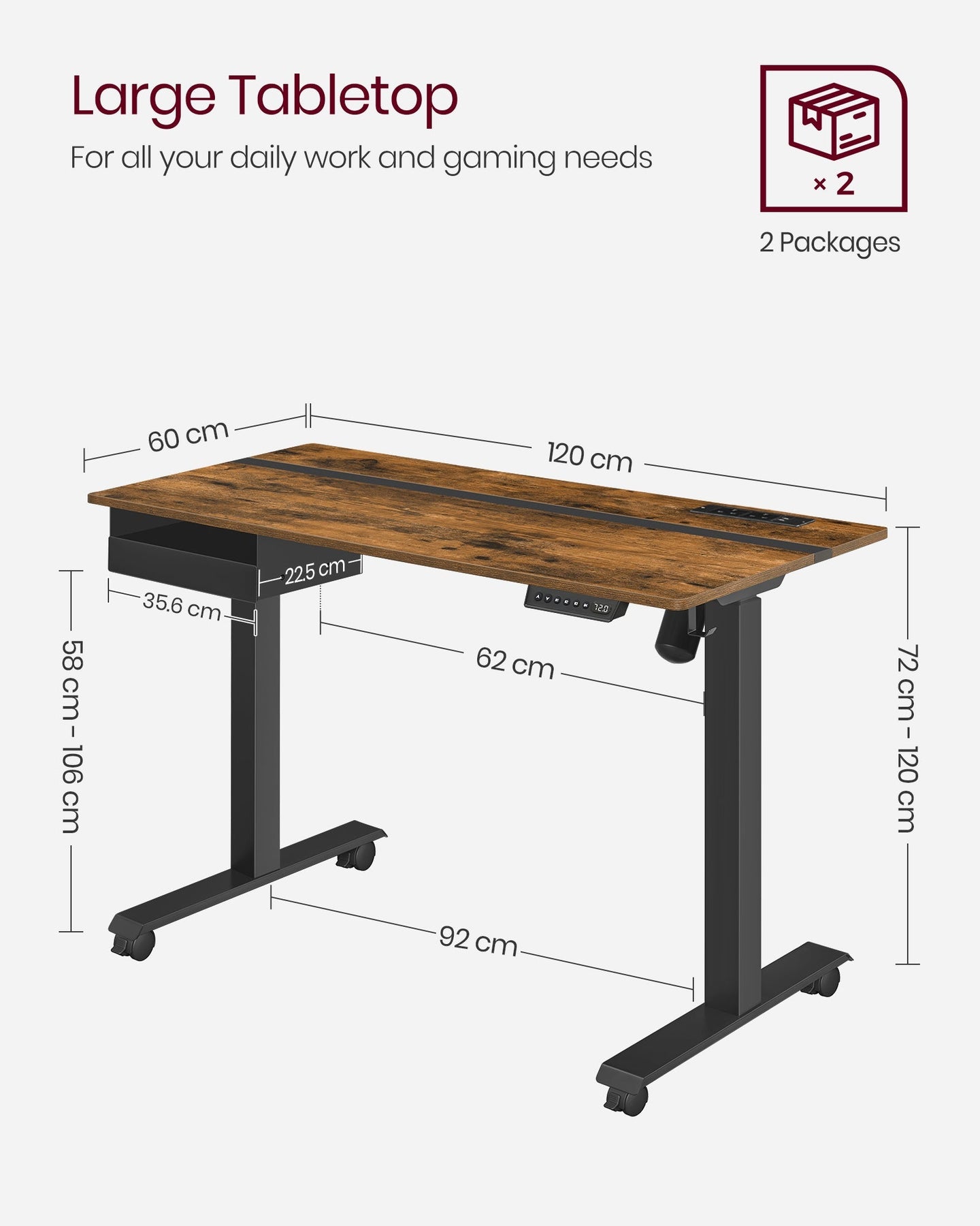 Height Adjustable Electric Standing Desk - MDF - Rustic Brown and Black - Continuous Adjustment with Memory Function
