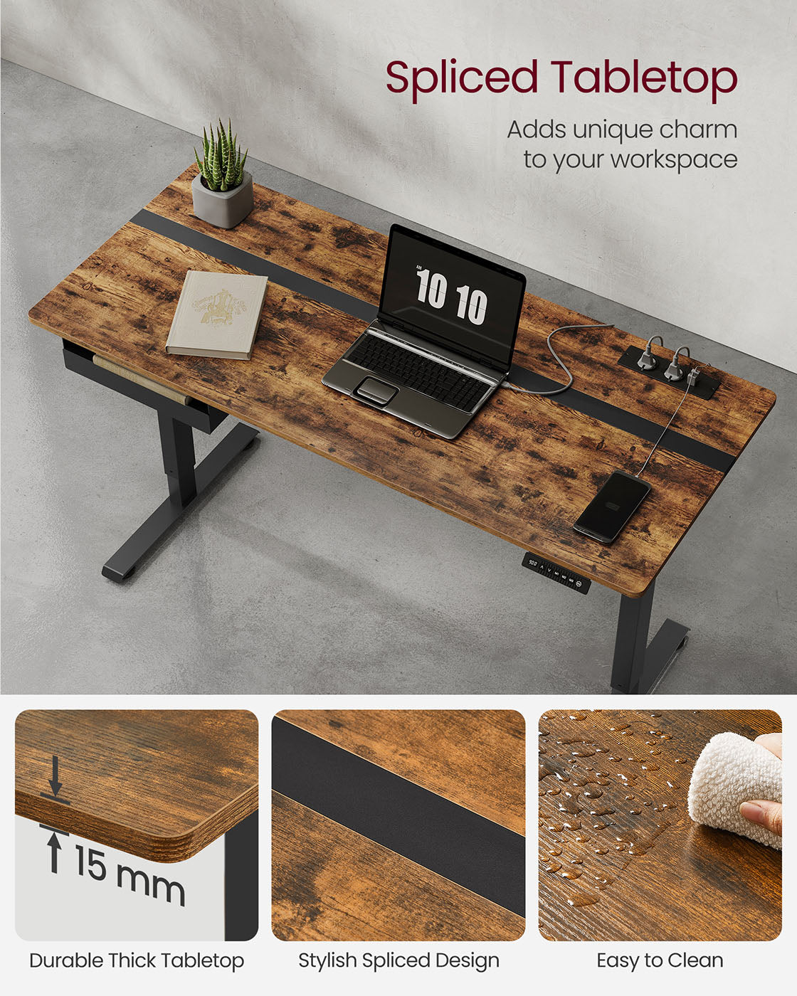 Electric Standing Desk - Particle Board - Rustic Brown and Black - Height Adjustable with Memory Function