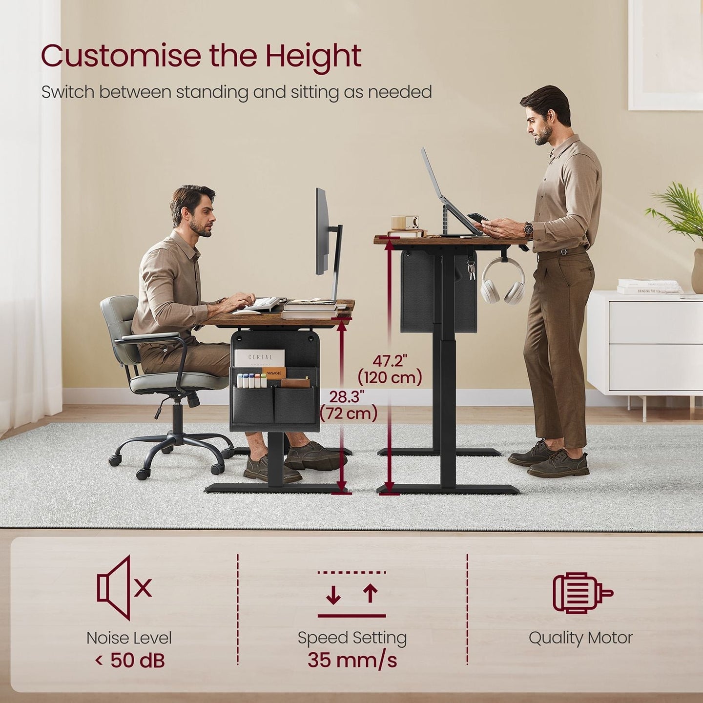 Electric Standing Desk - Metal - Natural Finish - Height Adjustable with Memory Function and Storage Solutions