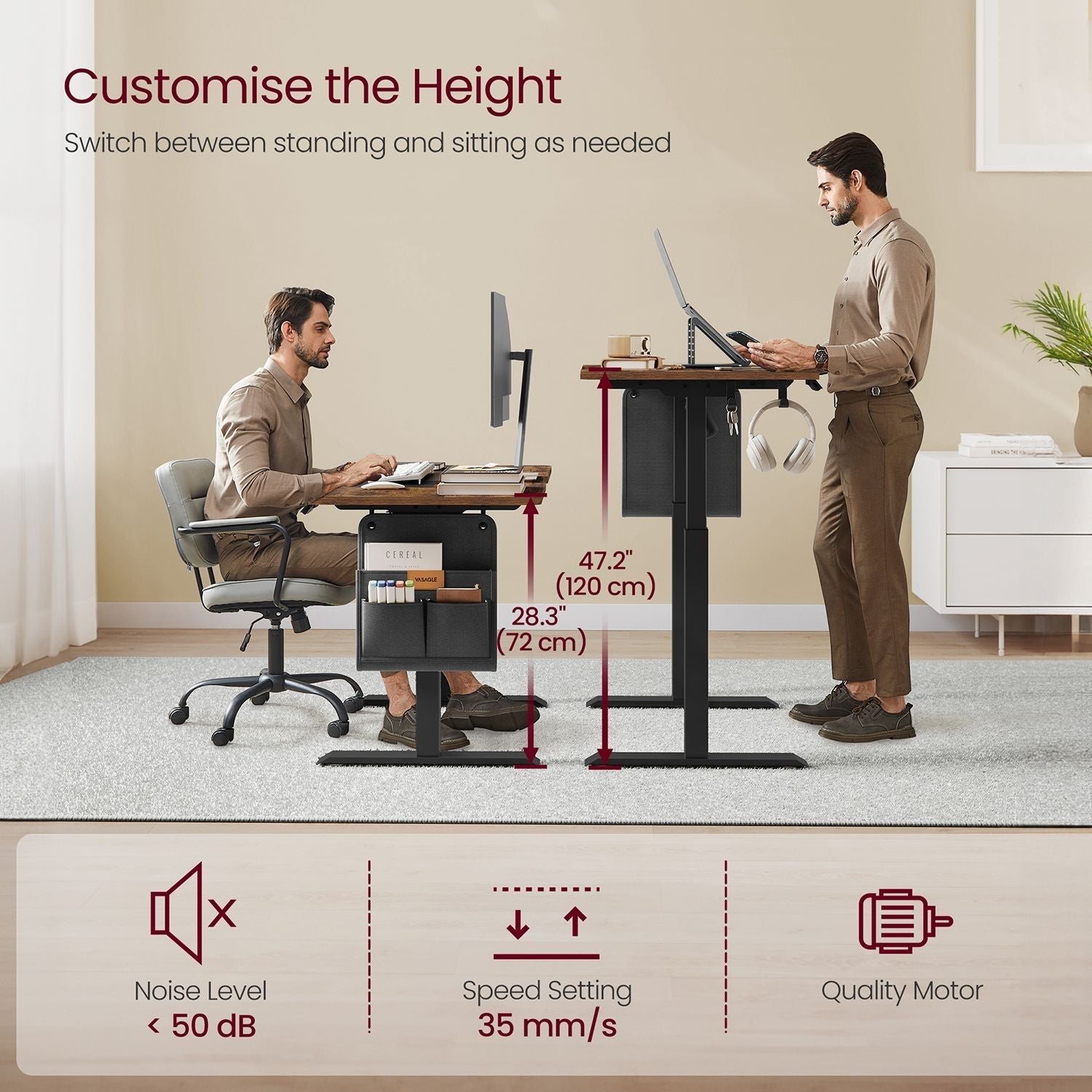 Electric Standing Desk - Metal - Natural Finish - Height Adjustable with Memory Function and Storage Solutions