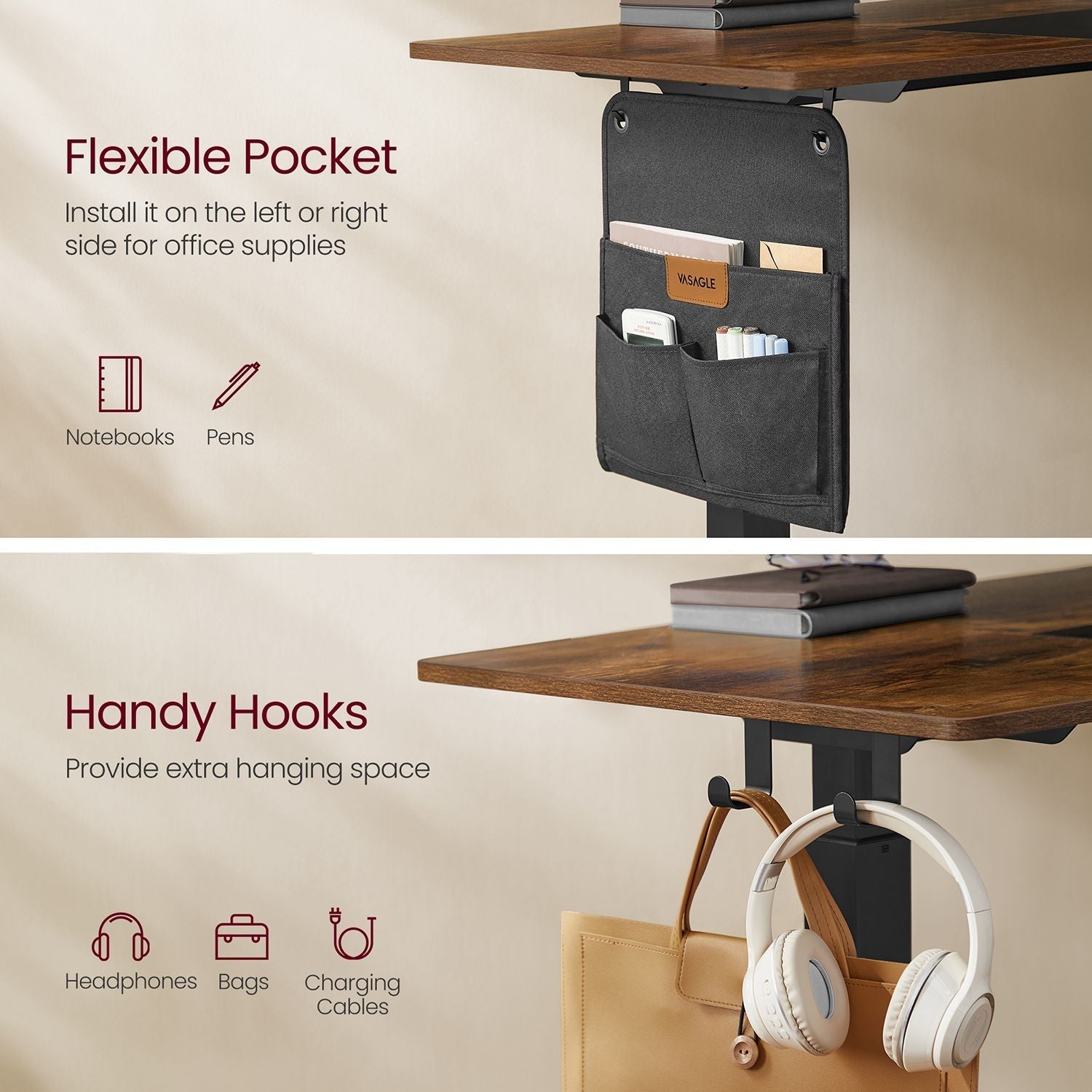 Electric Standing Desk - Metal - Natural Finish - Height Adjustable with Memory Function and Storage Solutions