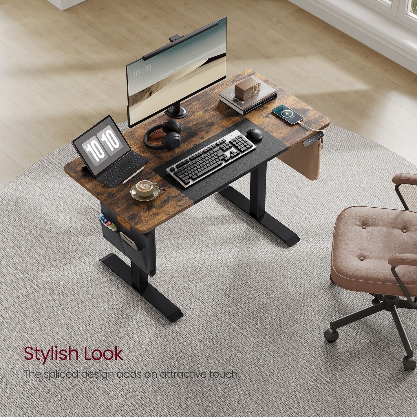 Electric Standing Desk - Metal - Natural Finish - Height Adjustable with Memory Function and Storage Solutions