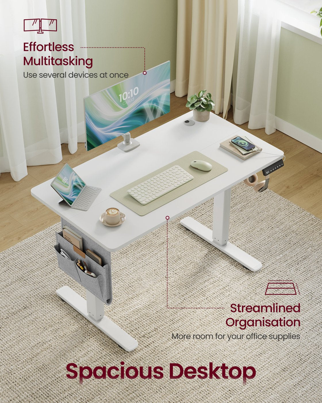 Height Adjustable Desk - Engineered Wood - Cloud White - Electric with 4 Memory Heights and Storage Pocket