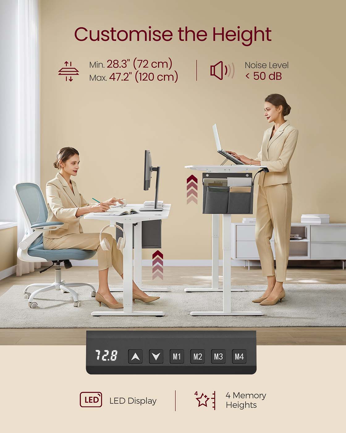Height Adjustable Desk - Engineered Wood - Cloud White - Electric with 4 Memory Heights and Storage Pocket