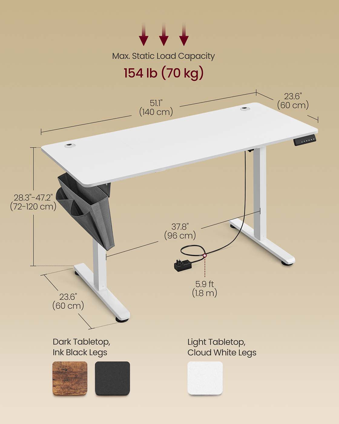 Height Adjustable Desk - Engineered Wood - Cloud White - Electric with 4 Memory Heights and Storage Pocket
