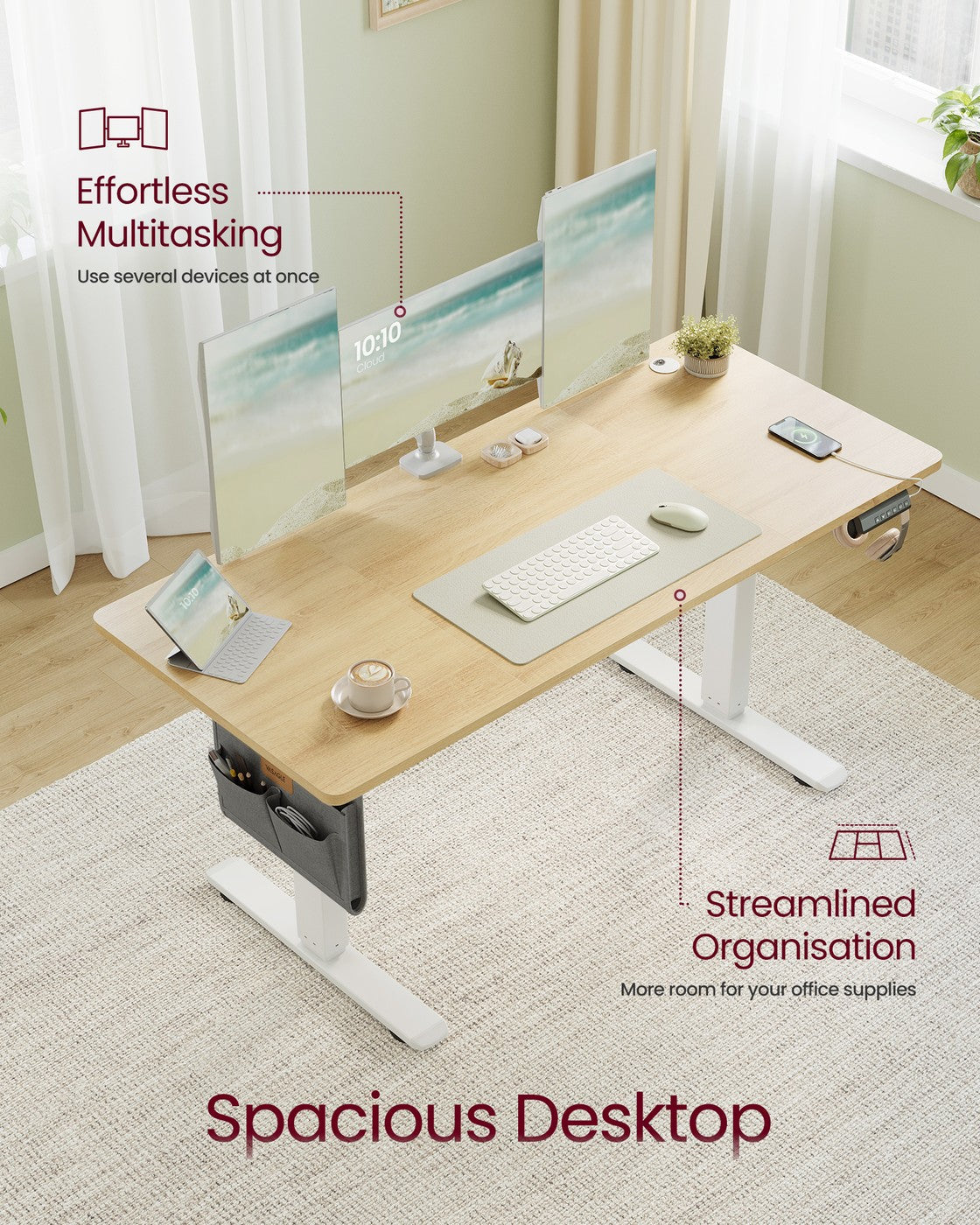 Electric Standing Desk - Metal - Cloud White - Height Adjustable with 4 Memory Heights and Storage Pocket