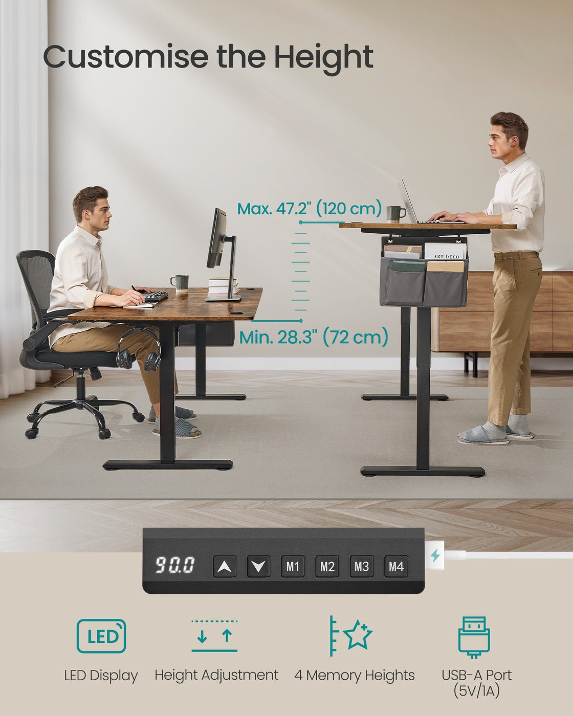 Electric Standing Desk - Engineered Wood - Cloud White - Height Adjustable with 4 Memory Settings and Storage Pocket