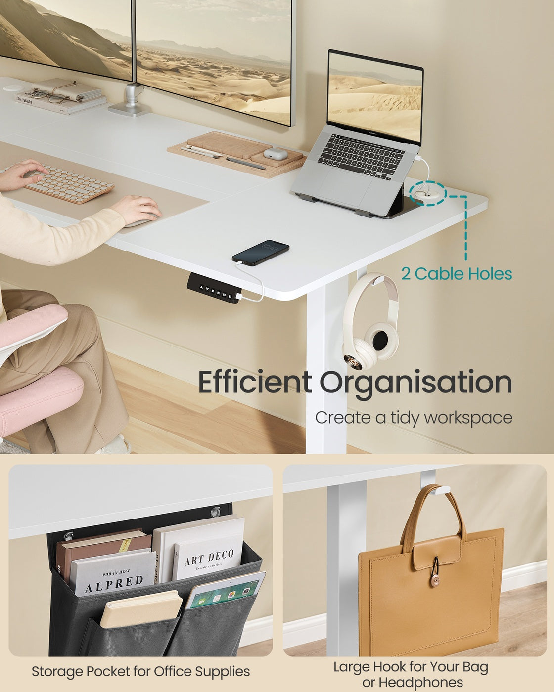 Electric Standing Desk - Wood - Cloud White - Height Adjustable with 4 Memory Heights and Storage Pocket