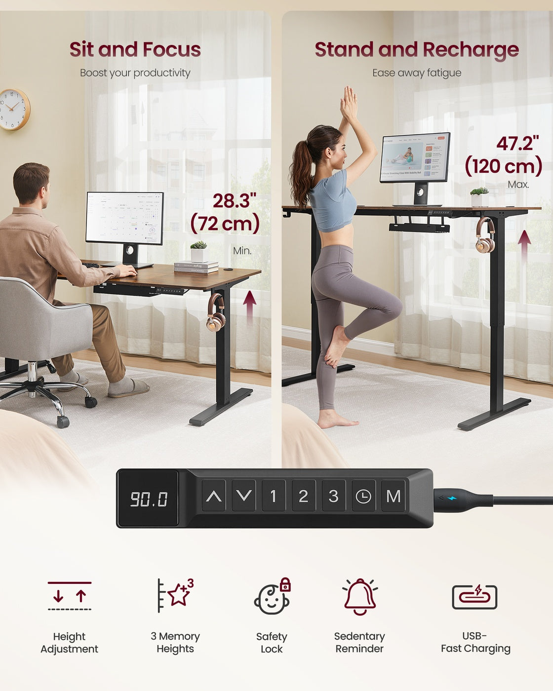 Electric Standing Desk - 140 x 80 - Particleboard - USB-C Port