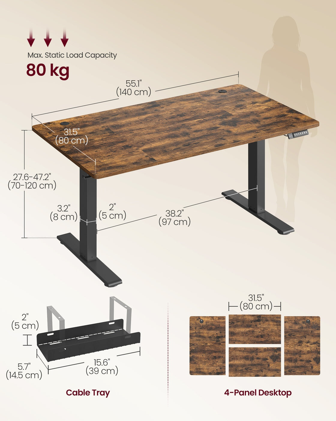 Electric Standing Desk - 140 x 80 - Particleboard - USB-C Port