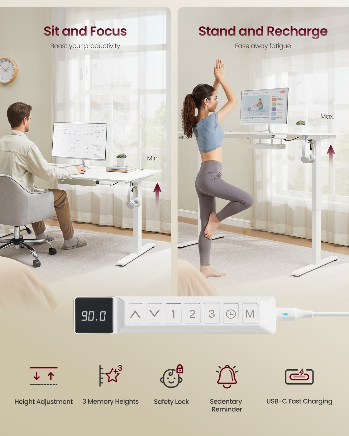 Electric Standing Desk - 140 x 80 - Particleboard - USB C Port