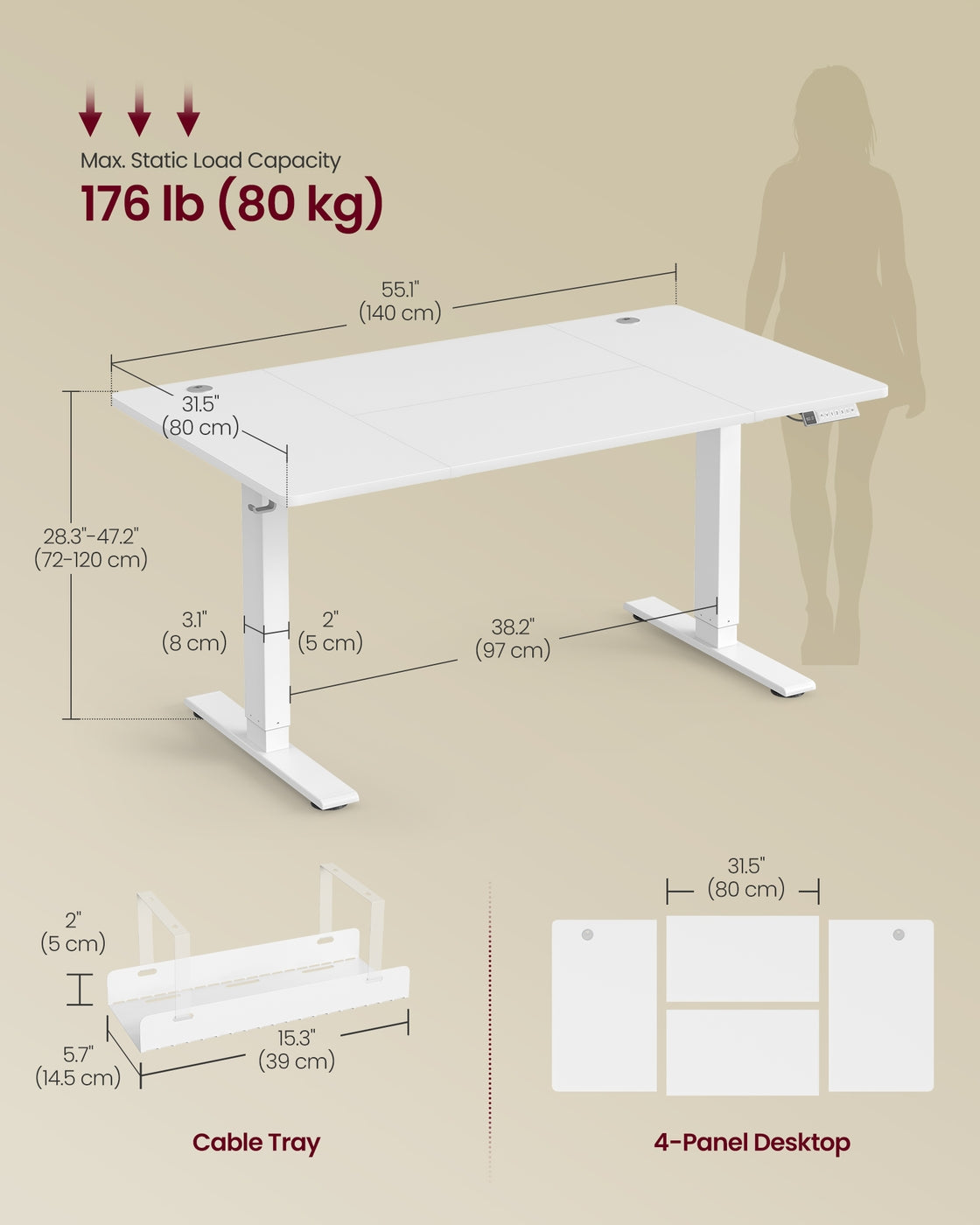 Electric Standing Desk - 140 x 80 - Particleboard - USB C Port