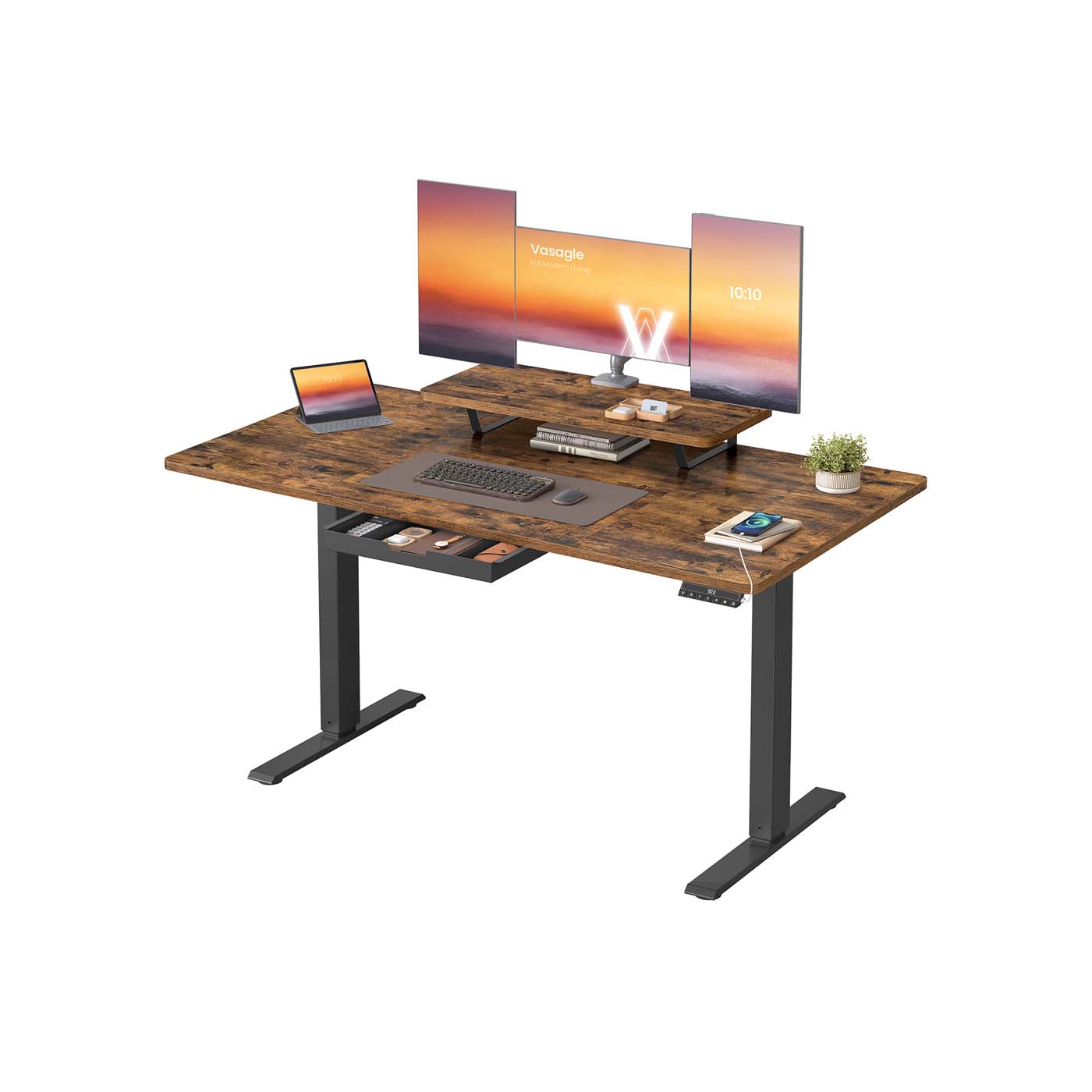 Electric Standing Desk - Wood - Rustic Brown - Height Adjustable with Built-in Drawer and Monitor Stand