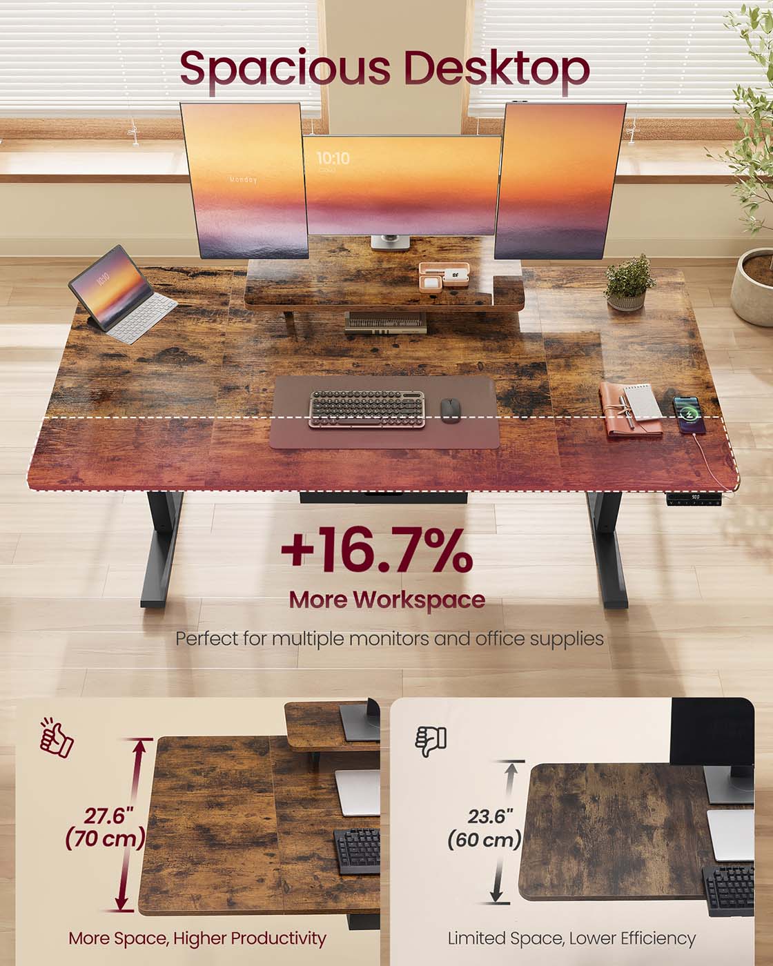 Electric Standing Desk - Wood - Rustic Brown - Height Adjustable with Built-in Drawer and Monitor Stand