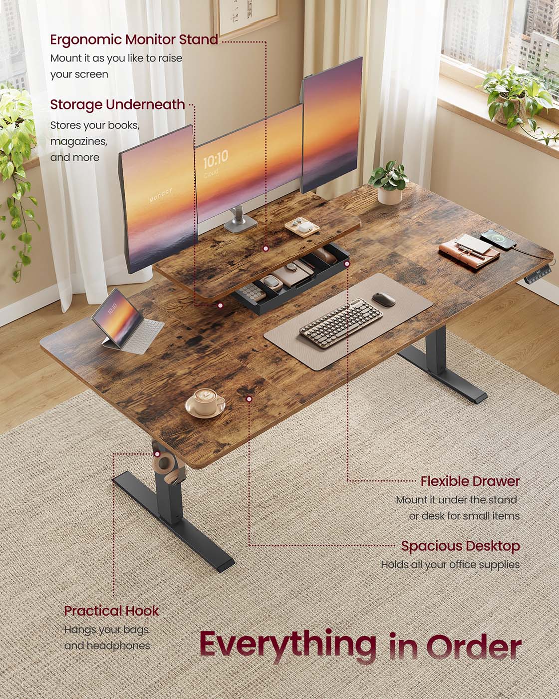 Electric Standing Desk - Wood - Rustic Brown - Height Adjustable with Built-in Drawer and Monitor Stand