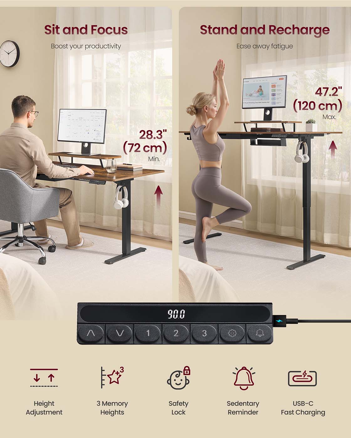 Electric Standing Desk - Wood - Rustic Brown - Height Adjustable with Built-in Drawer and Monitor Stand