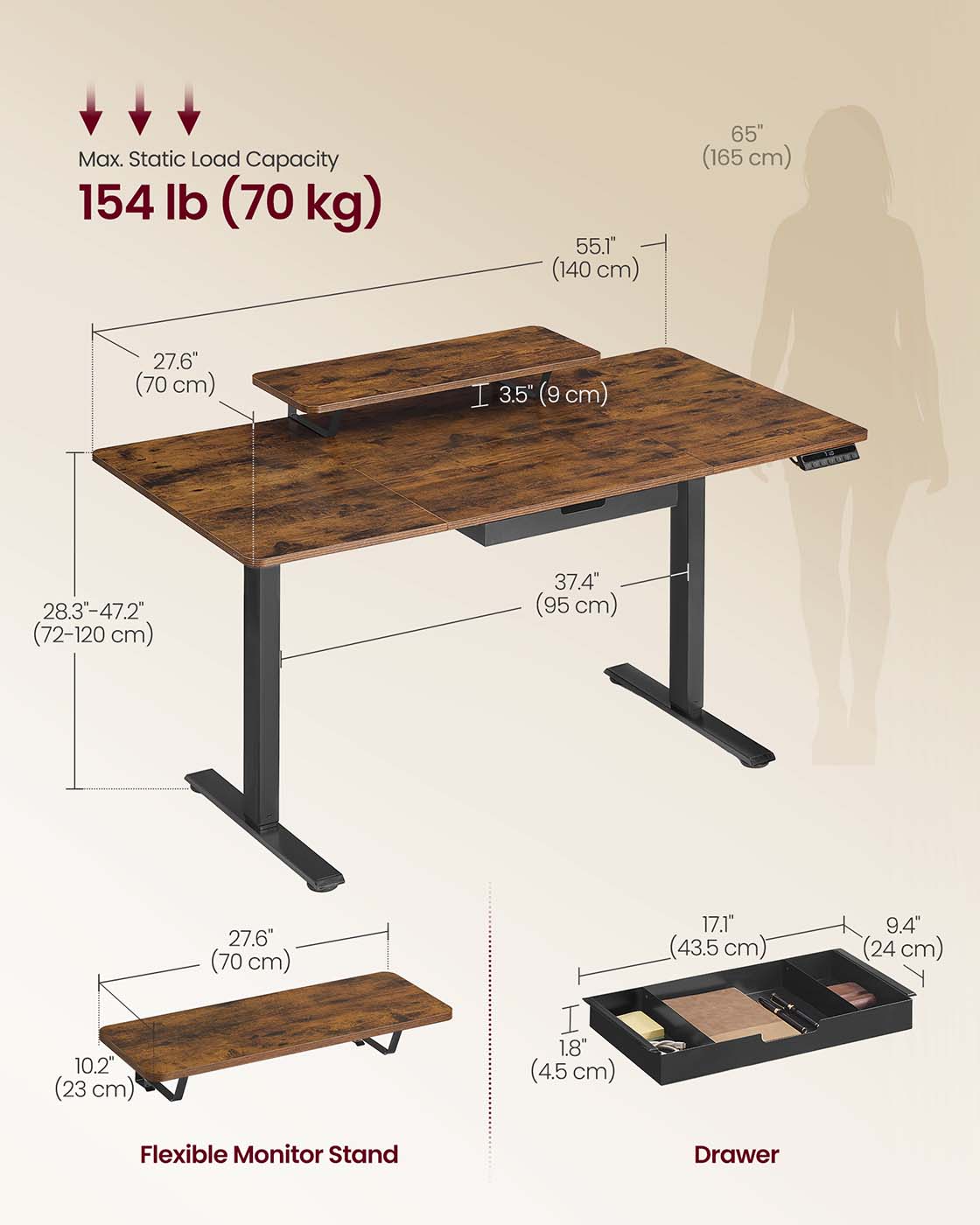 Electric Standing Desk - Wood - Rustic Brown - Height Adjustable with Built-in Drawer and Monitor Stand