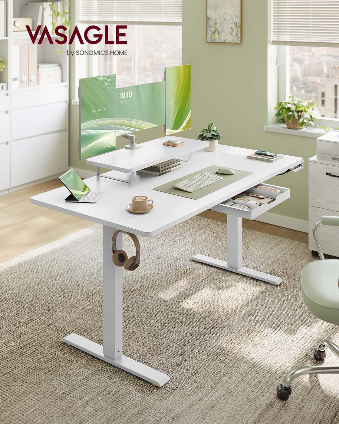 Electric Standing Desk - Wood - Rustic Brown - Height Adjustable with Built-in Drawer and Monitor Stand