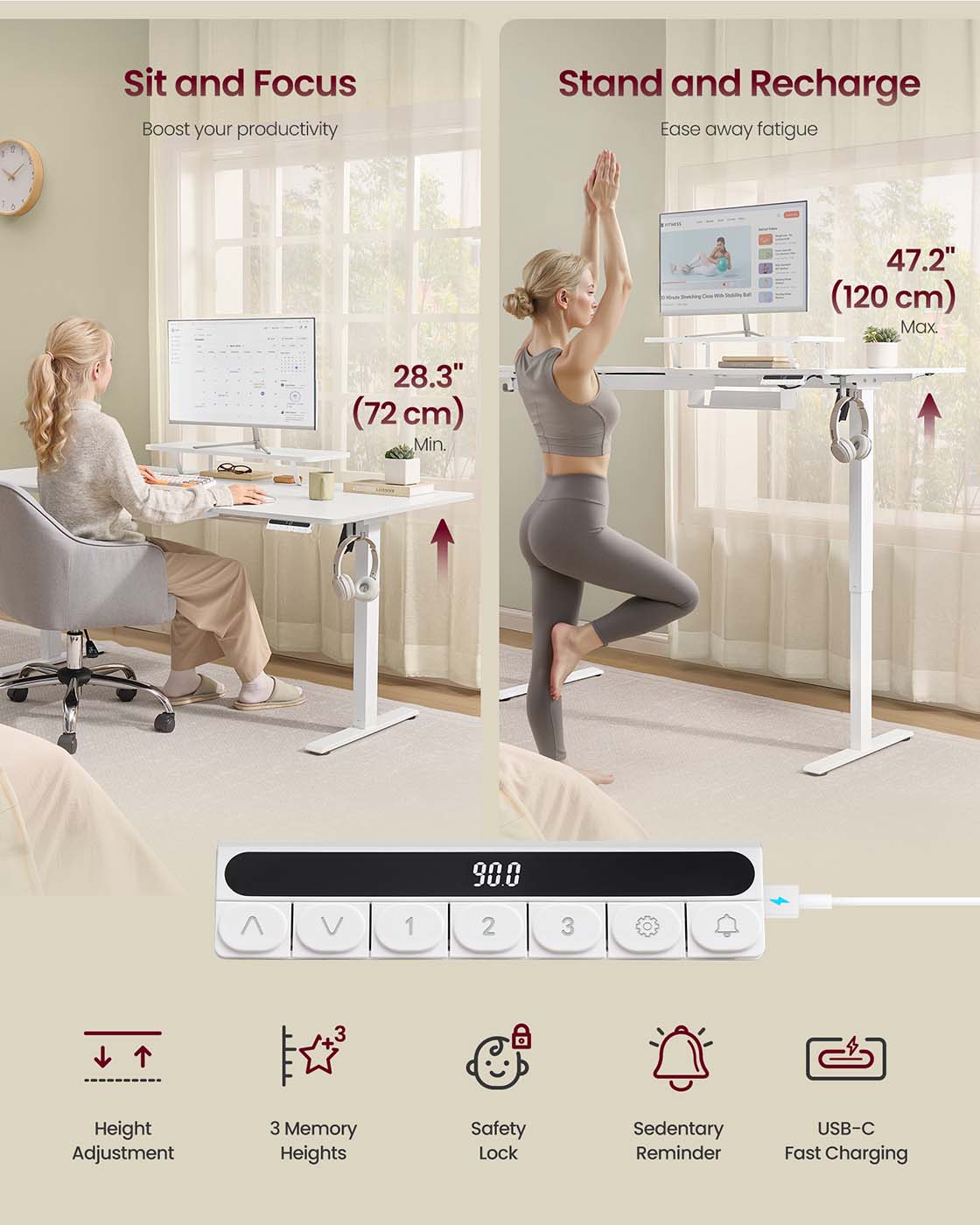 Electric Standing Desk - Wood - Rustic Brown - Height Adjustable with Built-in Drawer and Monitor Stand