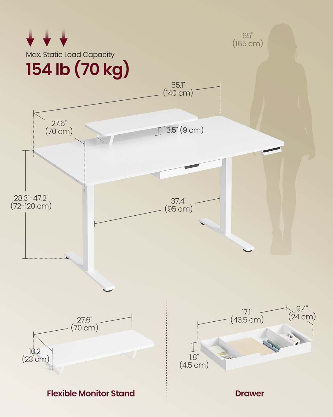 Electric Standing Desk - Wood - Rustic Brown - Height Adjustable with Built-in Drawer and Monitor Stand