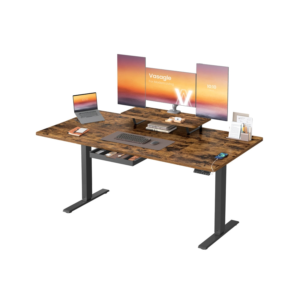 Electric Standing Desk - Wood - Rustic Brown - Height Adjustable with Monitor Stand and USB-C Port