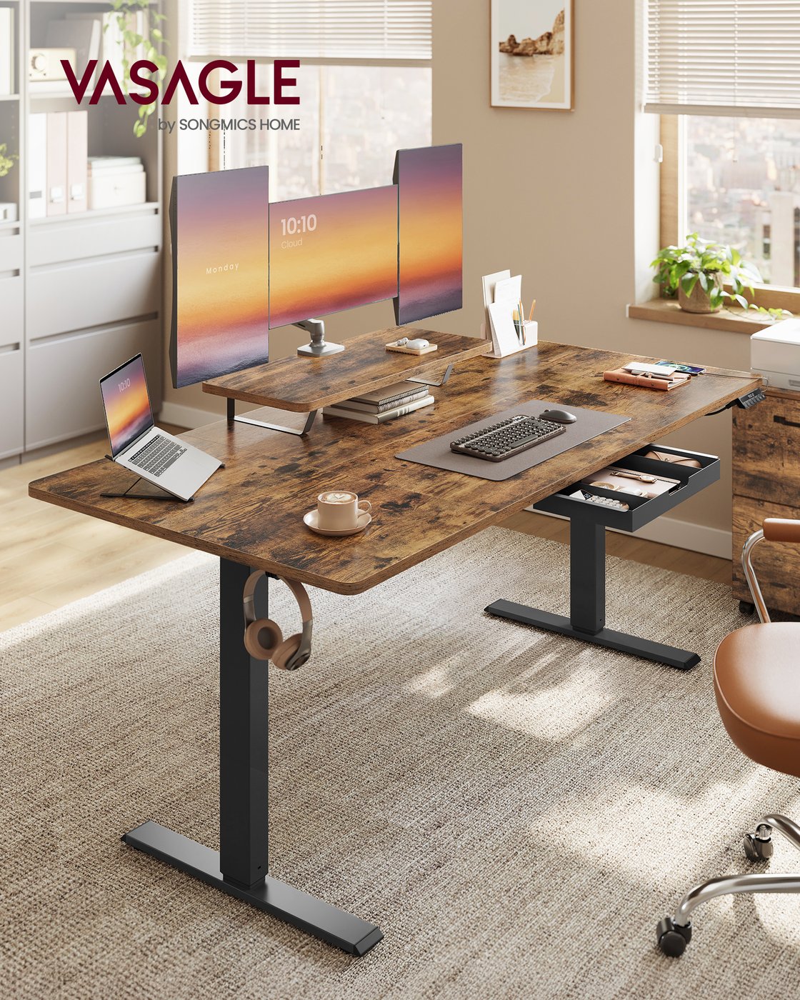 Electric Standing Desk - Wood - Rustic Brown - Height Adjustable with Monitor Stand and USB-C Port