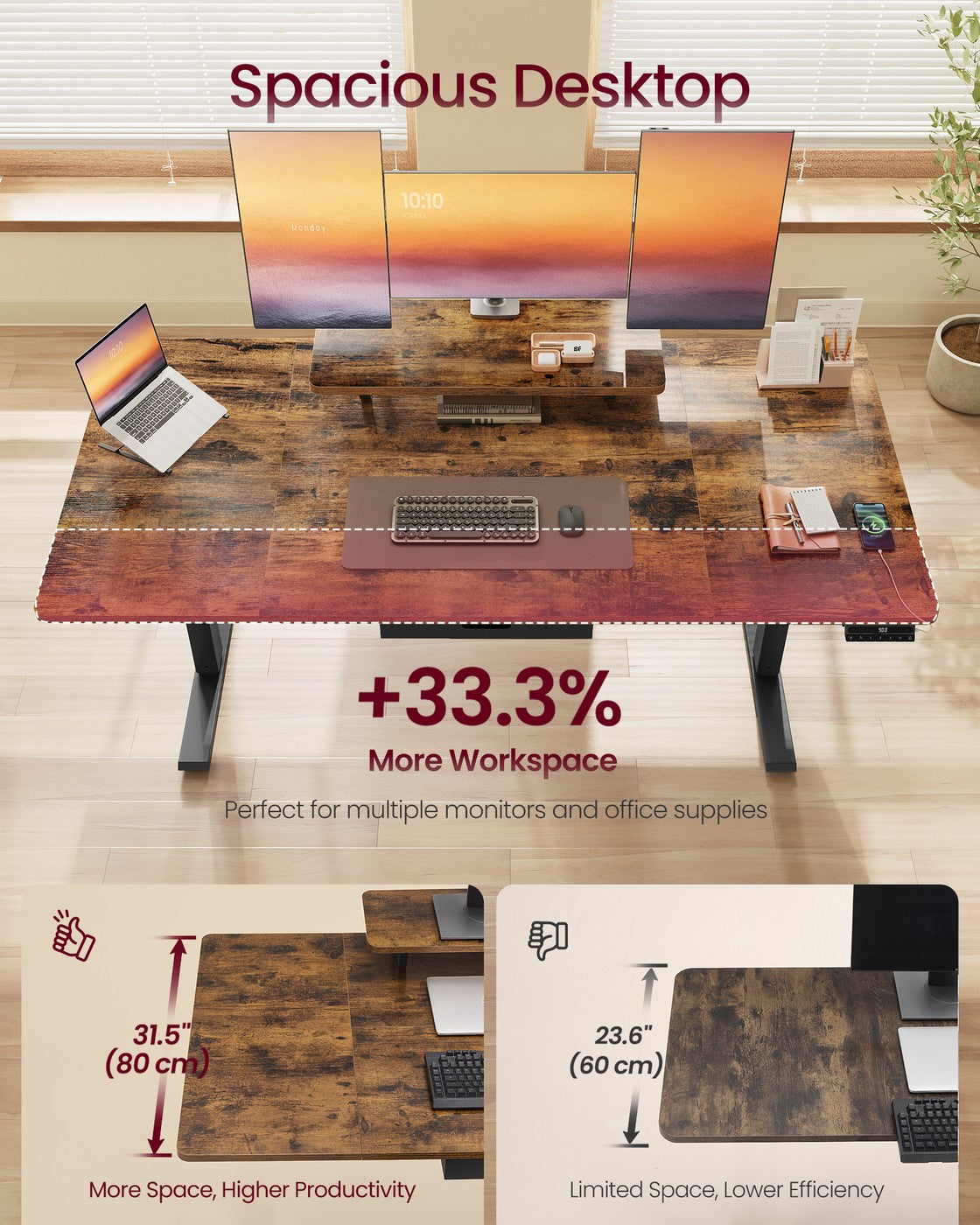Electric Standing Desk - Wood - Rustic Brown - Height Adjustable with Monitor Stand and USB-C Port