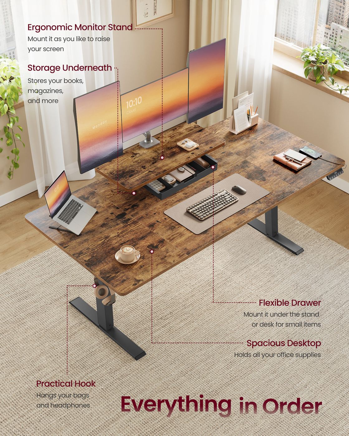 Electric Standing Desk - Wood - Rustic Brown - Height Adjustable with Monitor Stand and USB-C Port