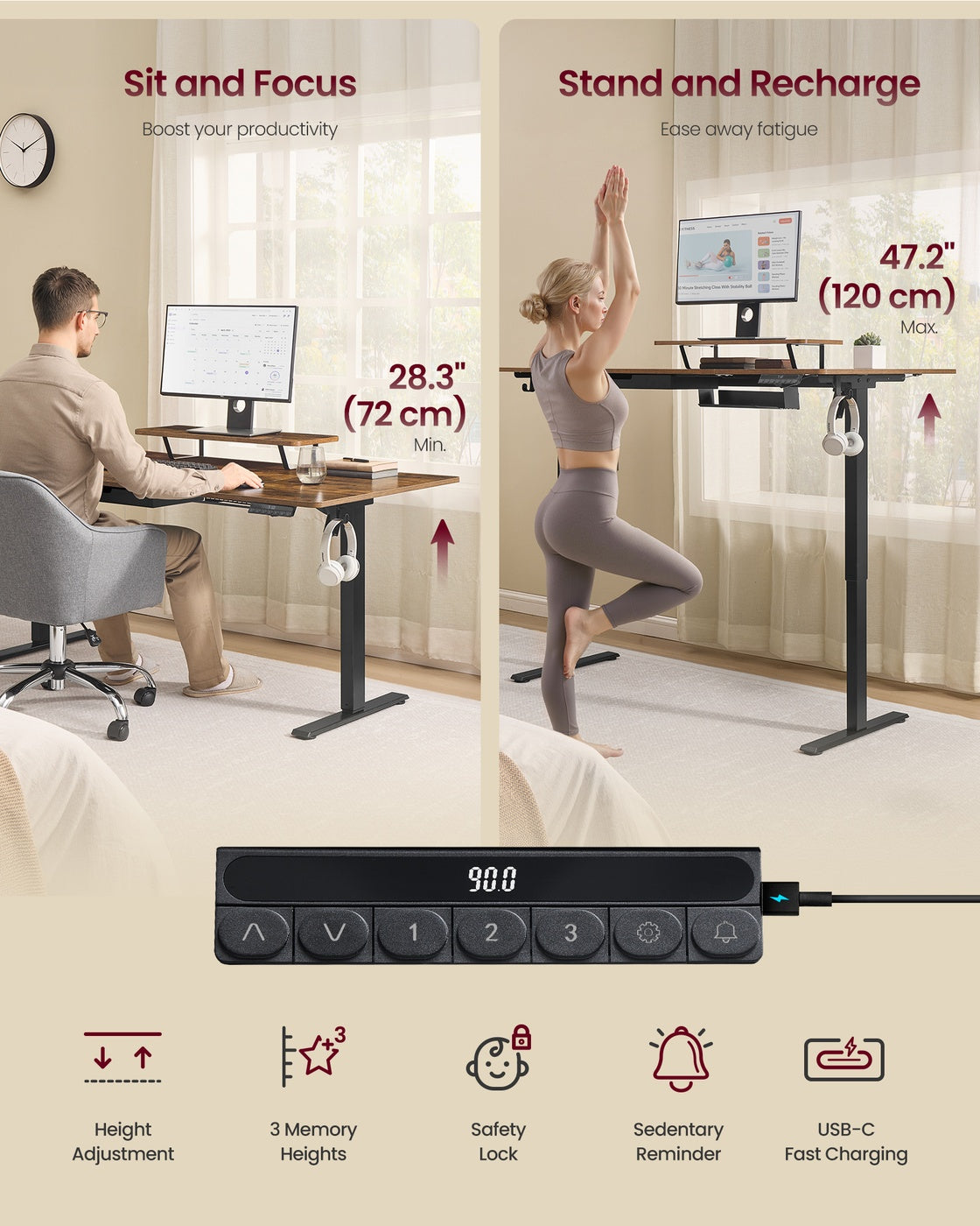 Electric Standing Desk - Wood - Rustic Brown - Height Adjustable with Monitor Stand and USB-C Port