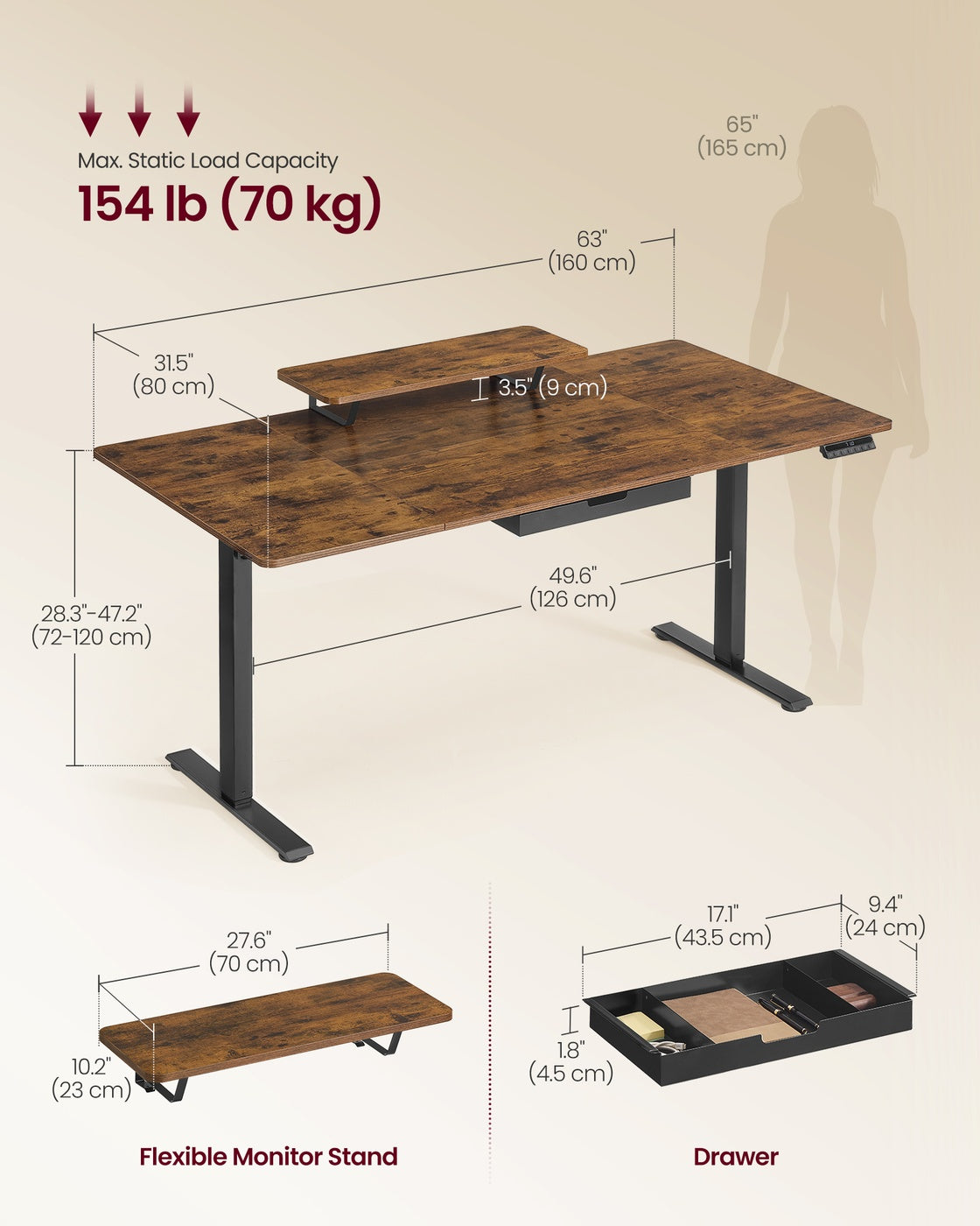 Electric Standing Desk - Wood - Rustic Brown - Height Adjustable with Monitor Stand and USB-C Port