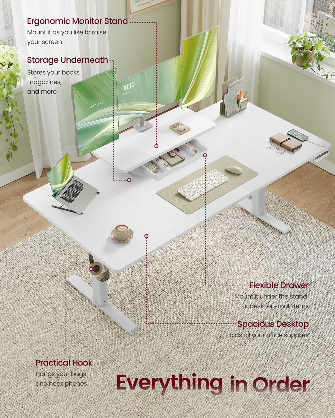 Electric Standing Desk - Wood - Rustic Brown - Height Adjustable with Built-in Drawer and Monitor Stand